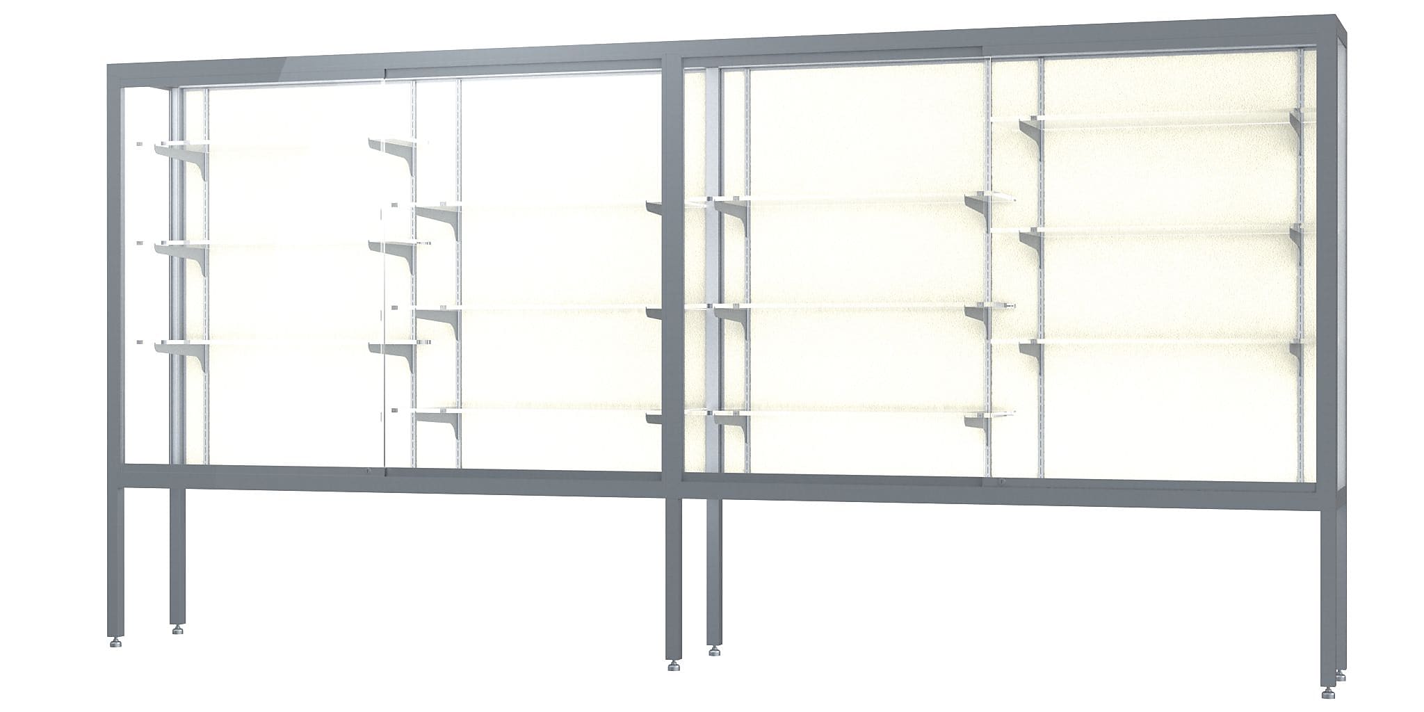 Ghent Challenger 144"W x 66"H x 16"D Floor Case, Plaque Back, Satin Natural Finish, Aluminum Legs