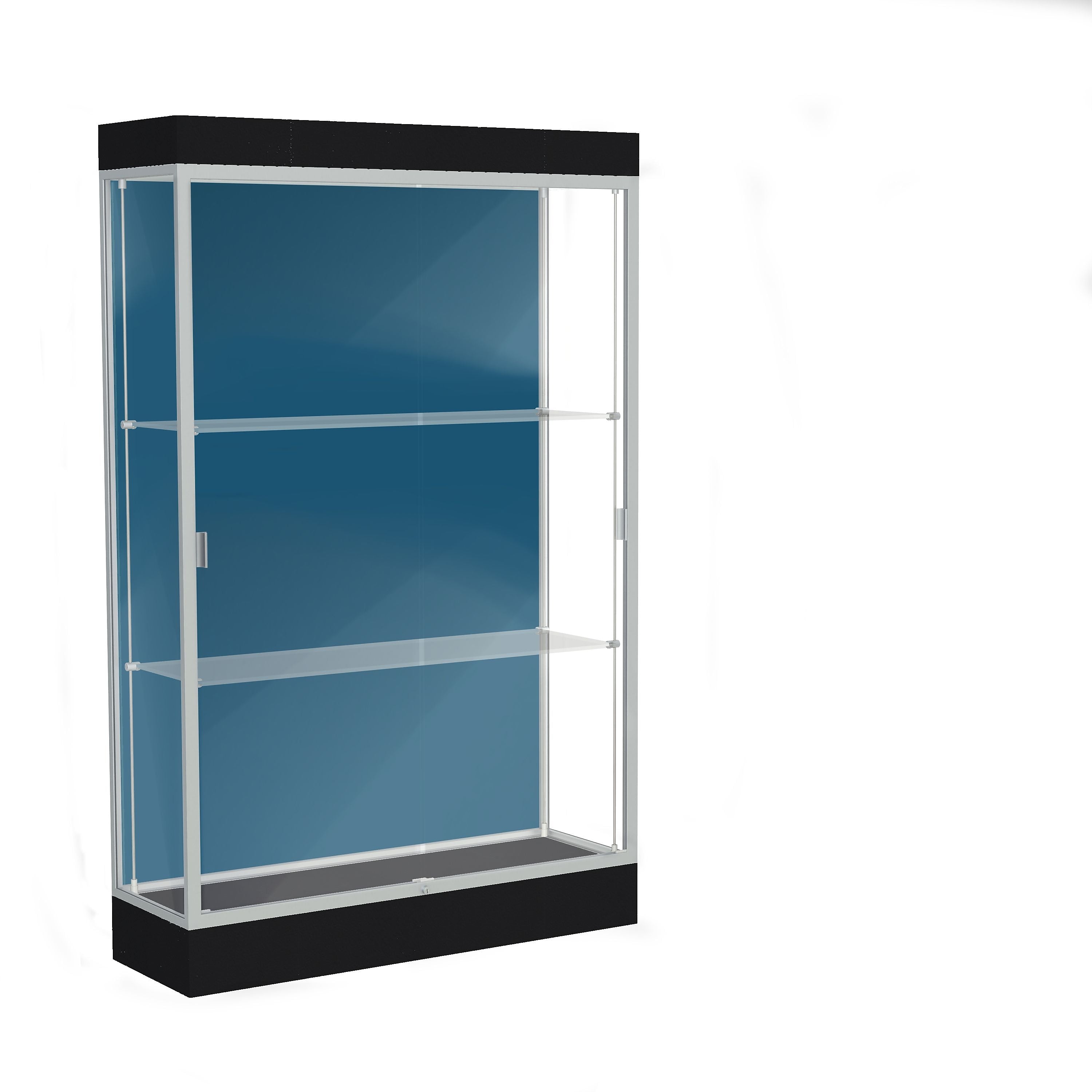 Ghent Edge 48"W x 76"H x 20"D Lighted Floor Case, 6" base, Blue Steel Back, Satin Fin, Black Base
