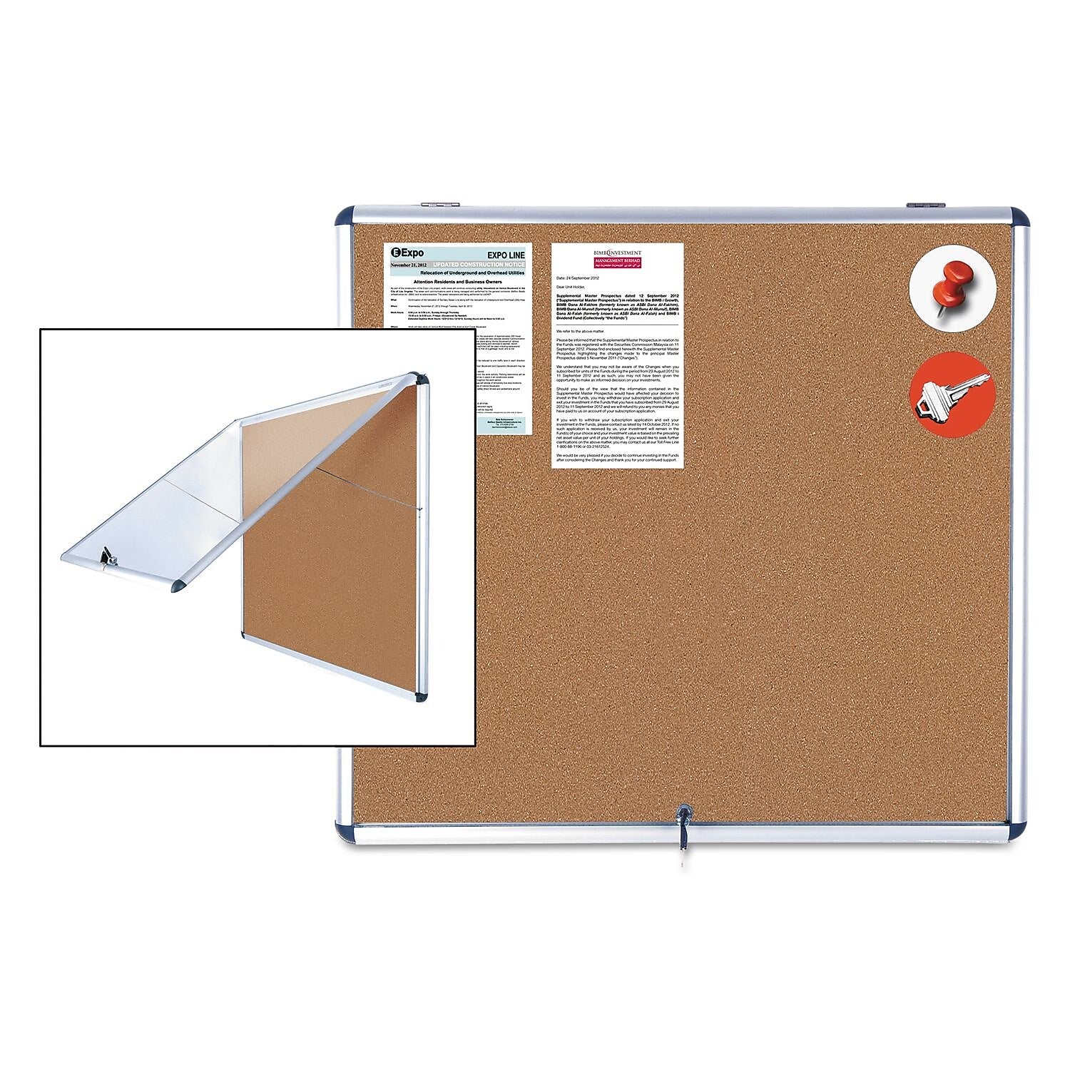 MasterVision Slim-Line Enclosed Cork Bulletin Board, 47 x 38, Aluminum Case