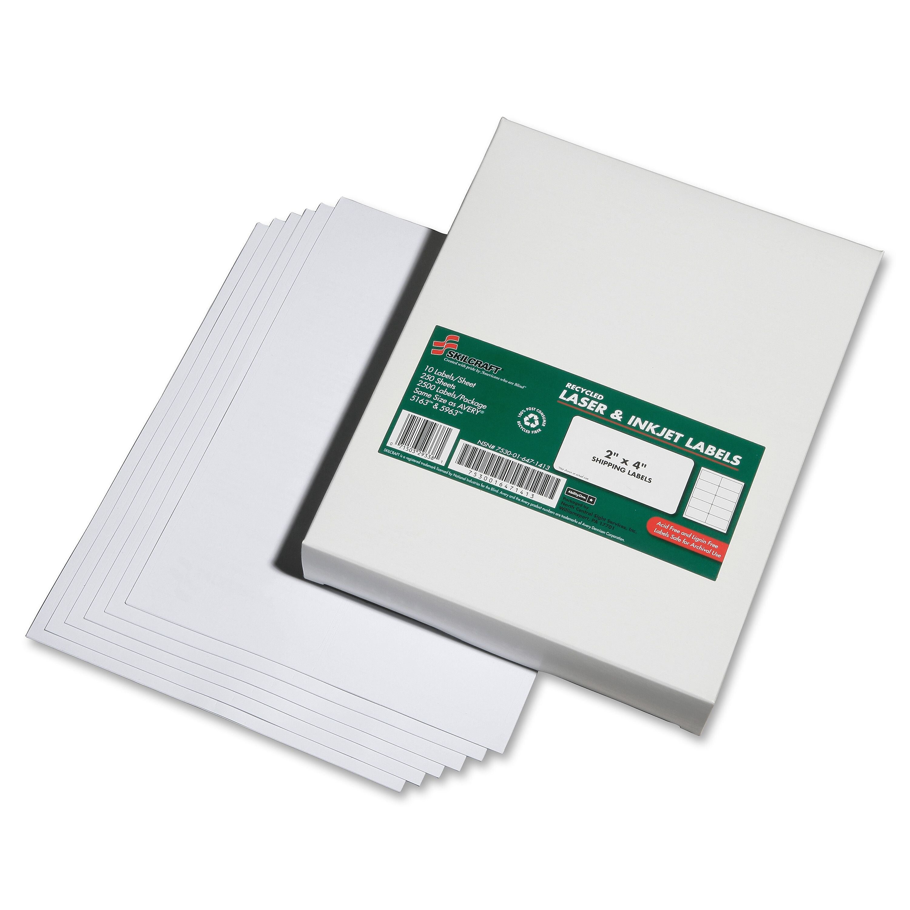 AbilityOne SKILCRAFT Laser Inkjet 2x4 Address Labels, 2" Width x 4" Length, Rectangle, Laser, Inkjet, Bright White, 2500 / Box