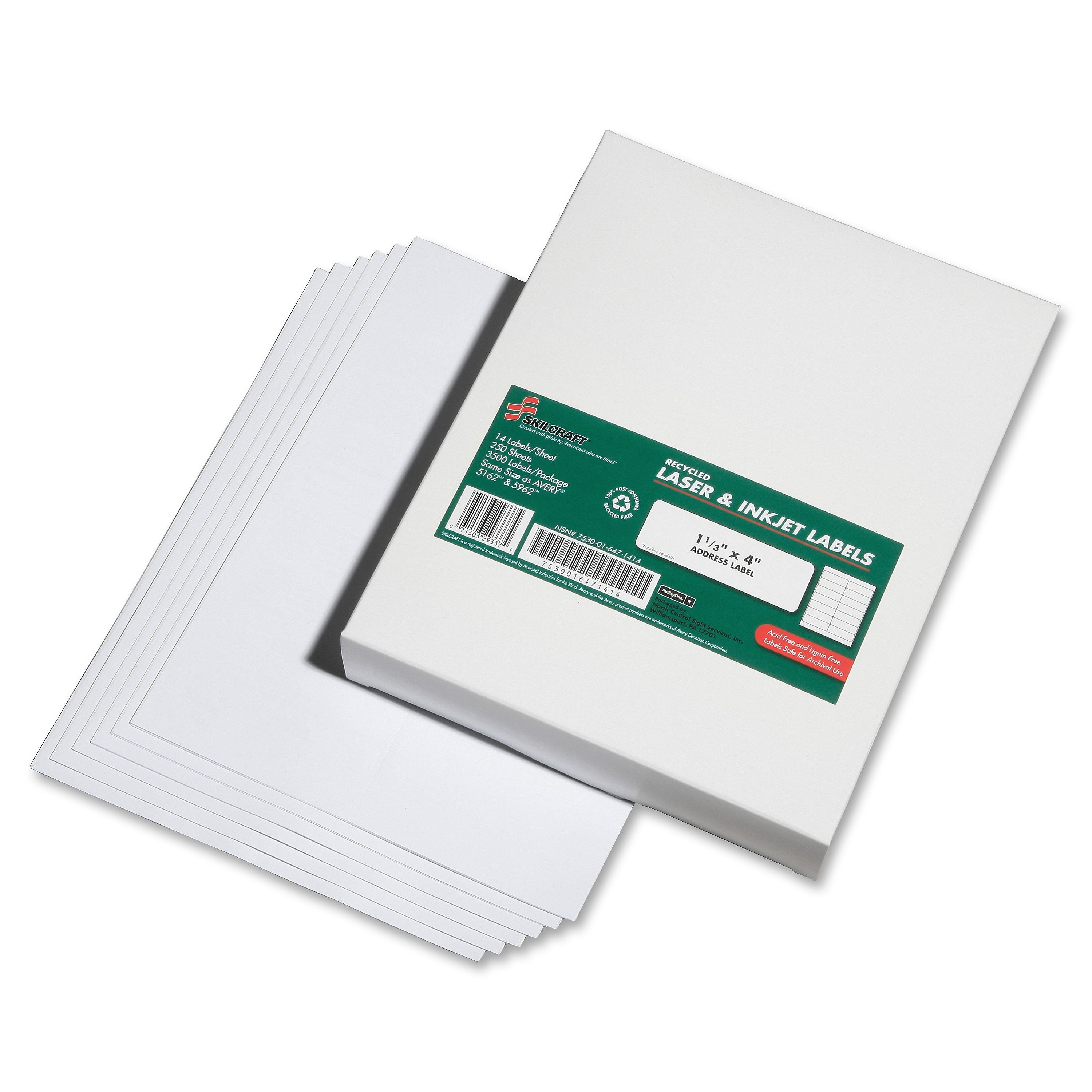 SKILCRAFT Laser Inkjet 1, 1/3x4 Address Labels, 1.33" Width x 4" Length, Rectangle, Laser, Inkjet, Bright White, 3500 / Box
