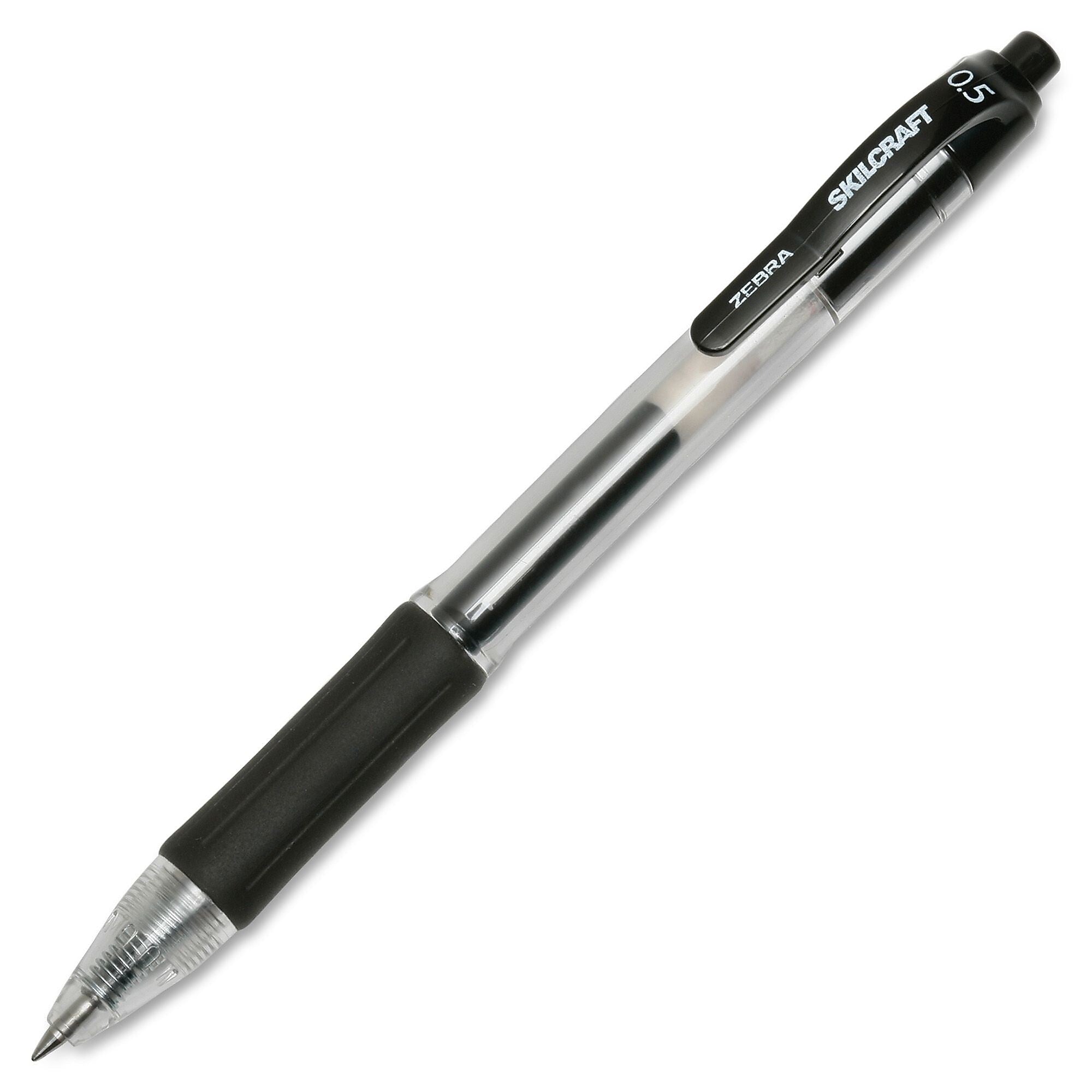 AbilityOne SKILCRAFT Zebra Fine Point Retractable Gel Pen, Black Gel, based Ink, Clear, Black Barrel, 12/DZ