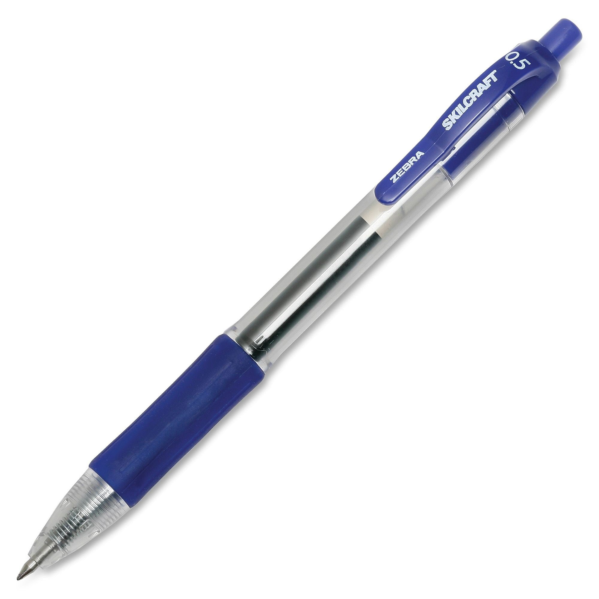 AbilityOne SKILCRAFT Zebra Fine Point Retractable Gel Pen, Fine Pen Point Type, Blue Gel, based Ink, Clear, Blue Barrel, 12/Dz