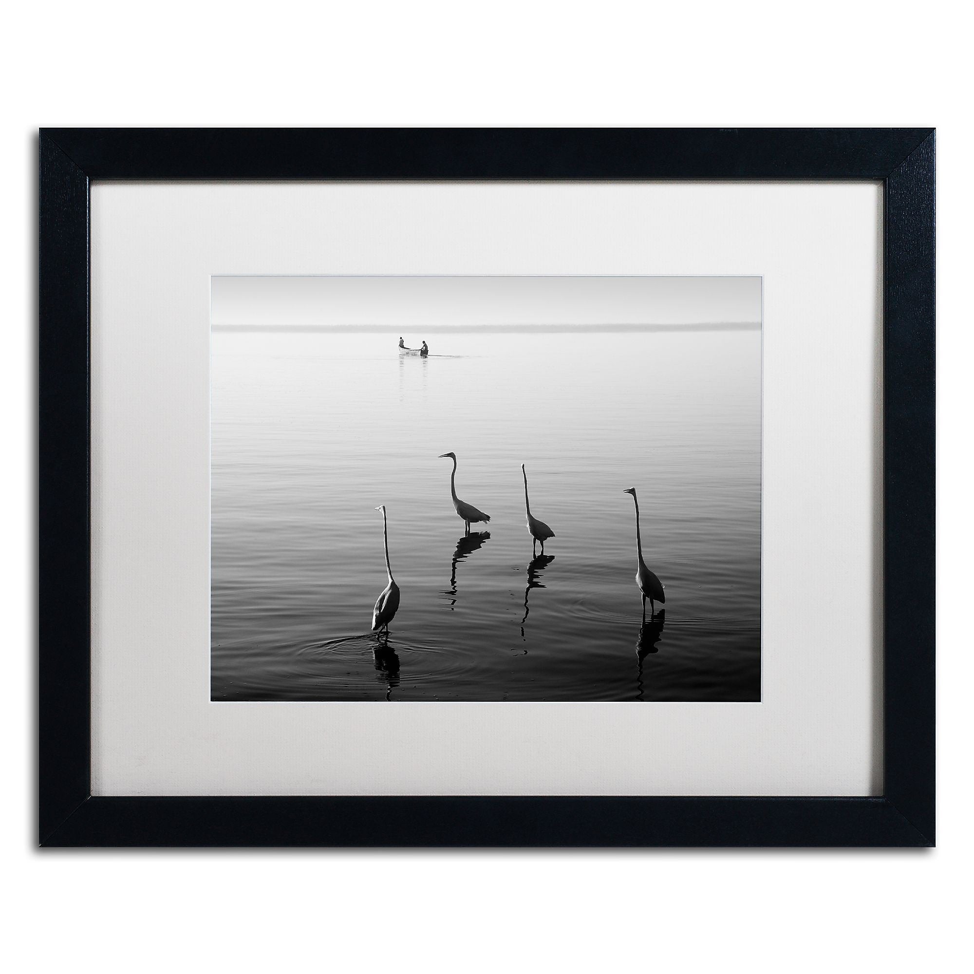 Trademark Fine Art ''4 Herons and Boat'' by Moises Levy 16" x 20" White Matted Black Frame (ALI1088-B1620MF)