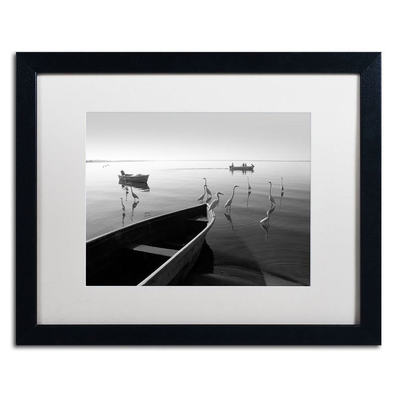 Trademark Fine Art ''Herons and 3 Boats'' by Moises Levy 16" x 20" White Matted Black Frame (ALI1091-B1620MF)