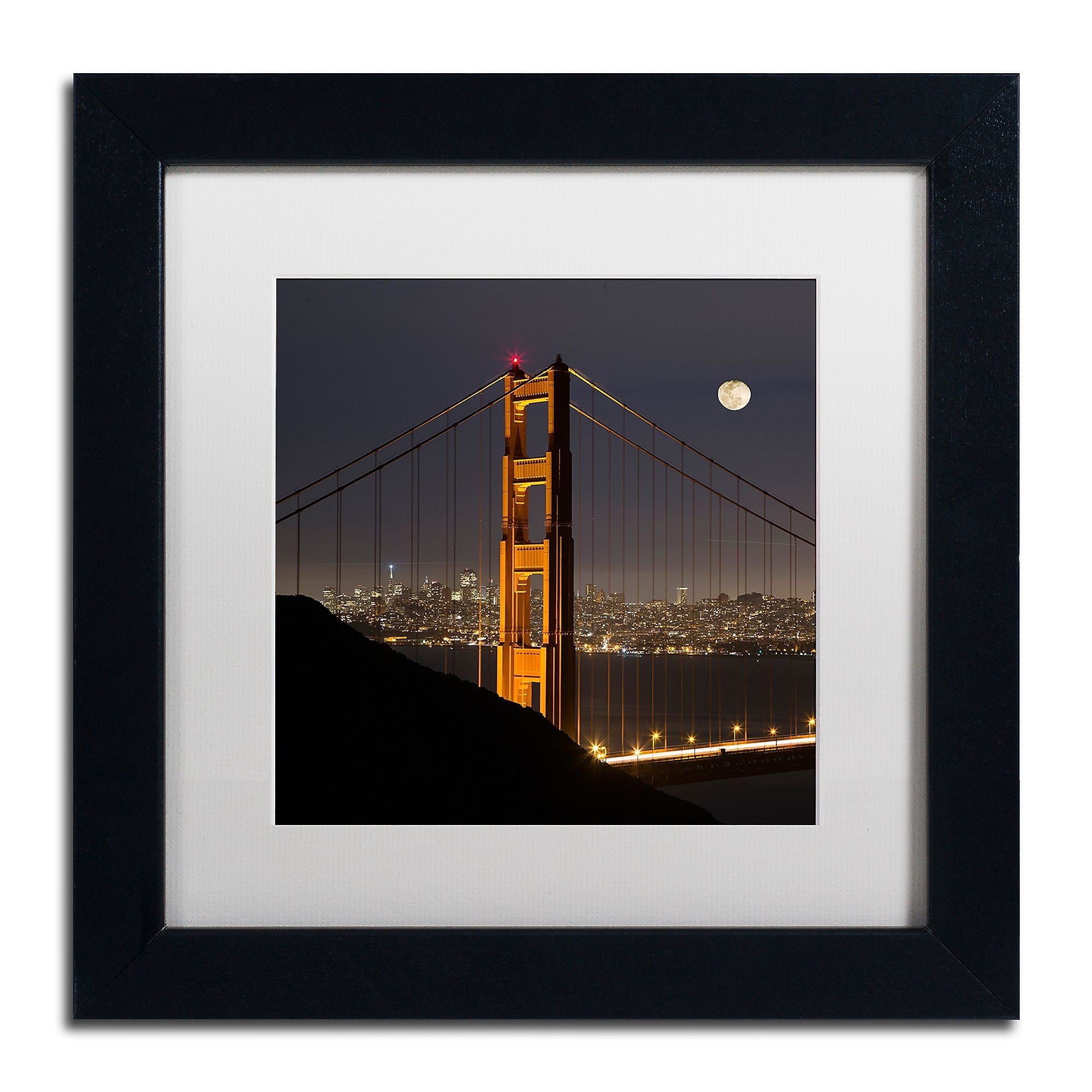 Trademark Fine Art ''Golden Gate and Moon'' by Moises Levy 11" x 11" White Matted Black Frame (ALI1110-B1111MF)