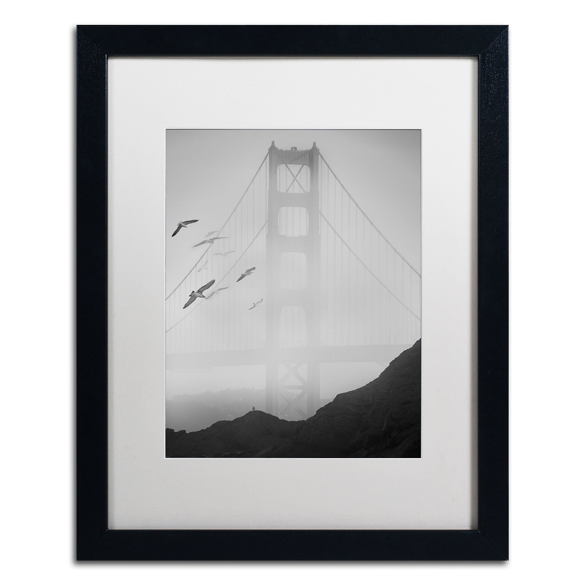 Trademark Fine Art ''Golden Gate Pier and Birds I'' by Moises Levy 16" x 20" White Matted Black Frame (ALI1112-B1620MF)
