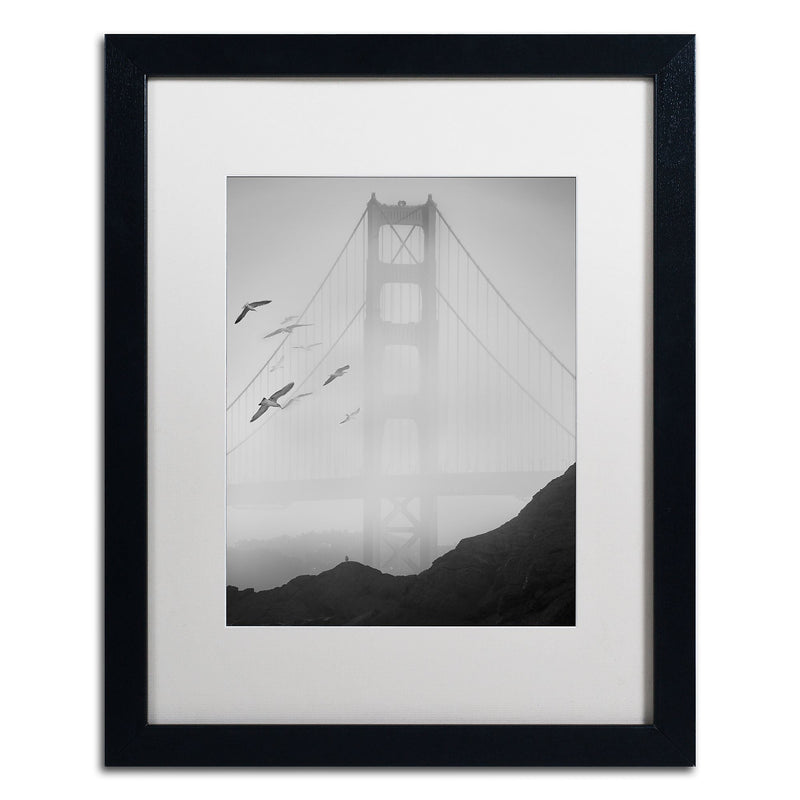 Trademark Fine Art ''Golden Gate Pier and Birds I'' by Moises Levy 16" x 20" White Matted Black Frame (ALI1112-B1620MF)