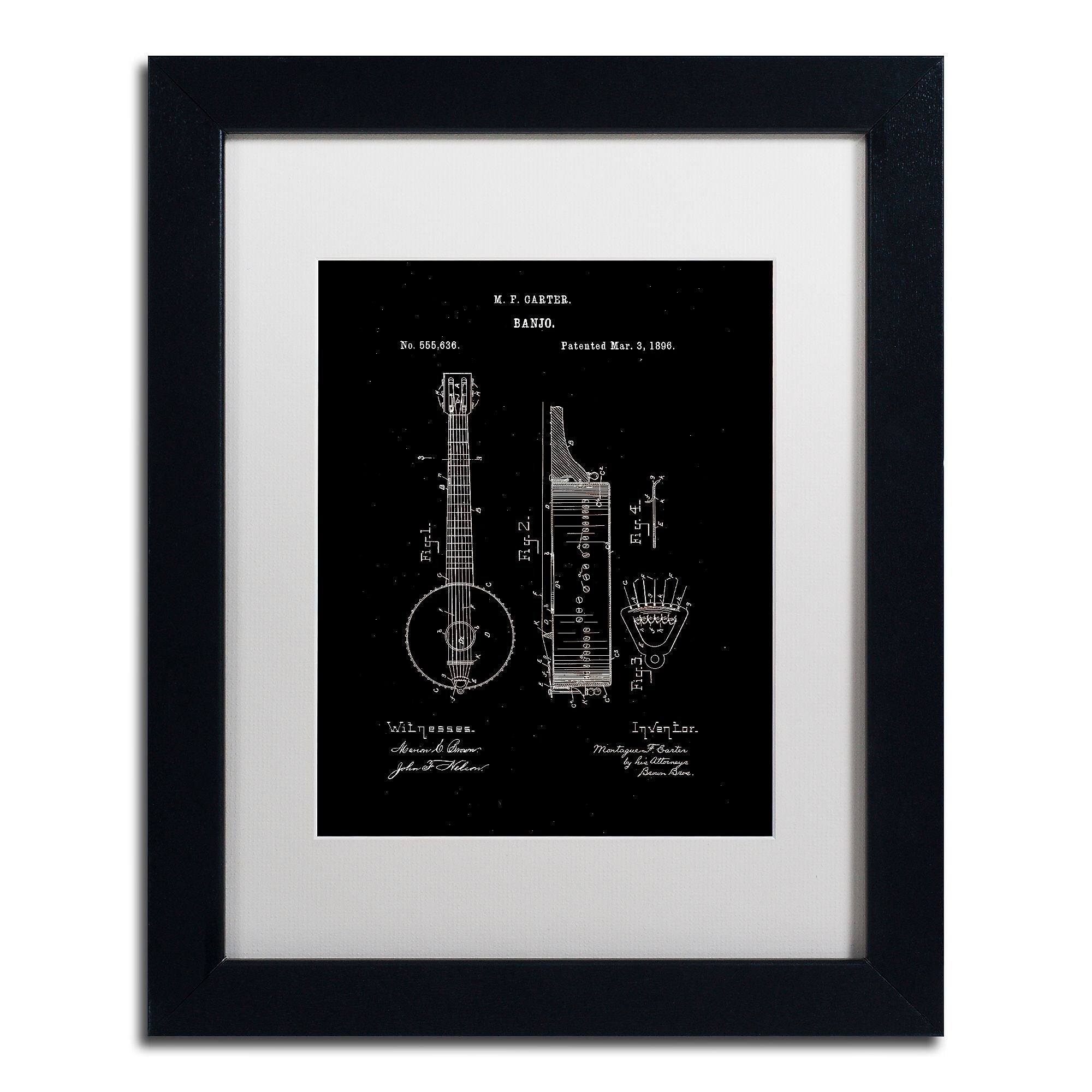 Trademark Fine Art ''Vintage Banjo Patent 1896 Black'' by Claire Doherty 11" x 14" White Matted Black Frame (CDO0004-B1114MF)