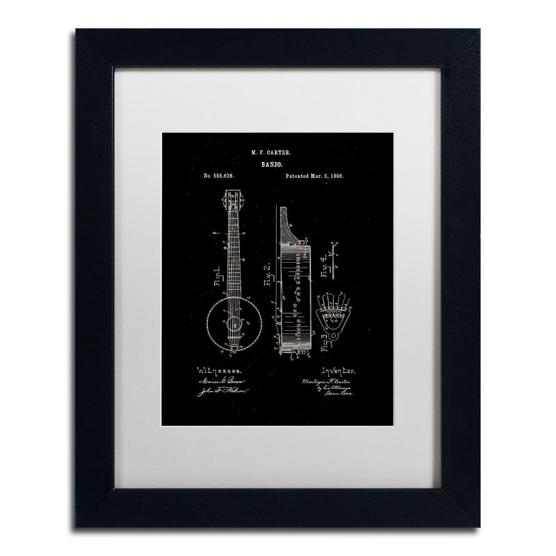 Trademark Fine Art ''Vintage Banjo Patent 1896 Black'' by Claire Doherty 11" x 14" White Matted Black Frame (CDO0004-B1114MF)