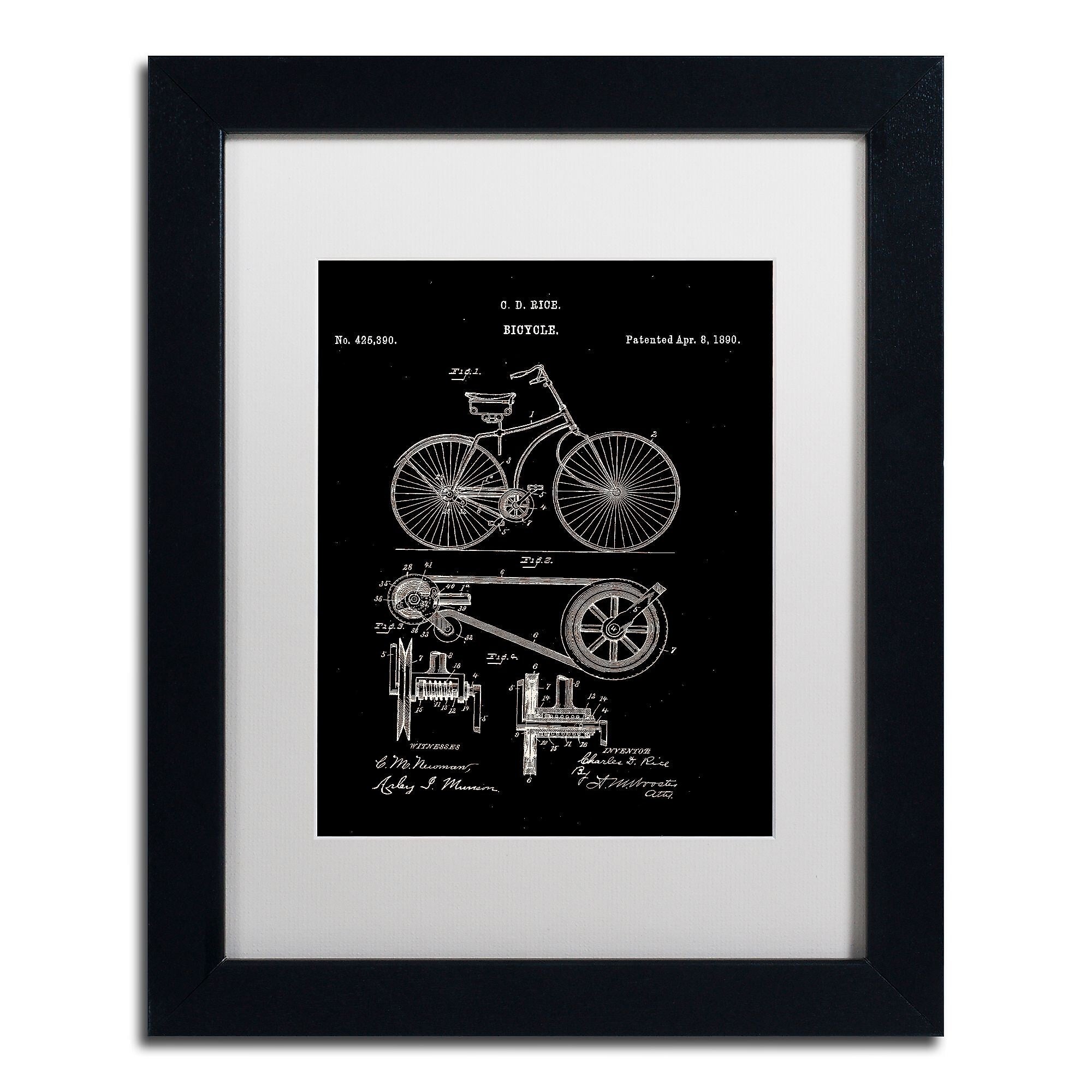 Trademark Fine Art ''Bicycle Patent 1890 Black'' by Claire Doherty 11" x 14" White Matted Black Frame (CDO0010-B1114MF)
