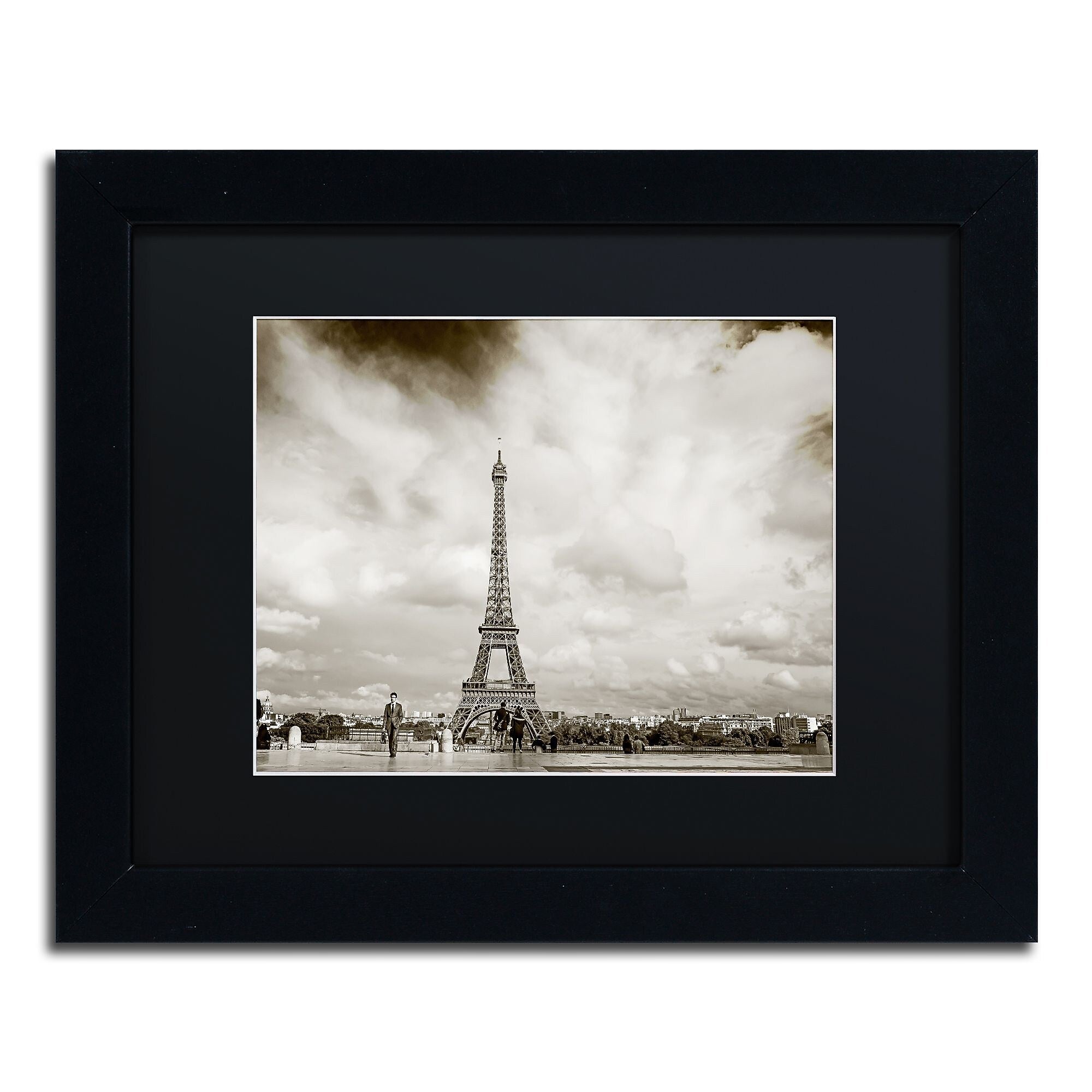 Trademark Fine Art ''Paris Eiffel Tower and Man'' by Preston 11" x 14" Black Matted Black Frame (EM0551-B1114BMF)