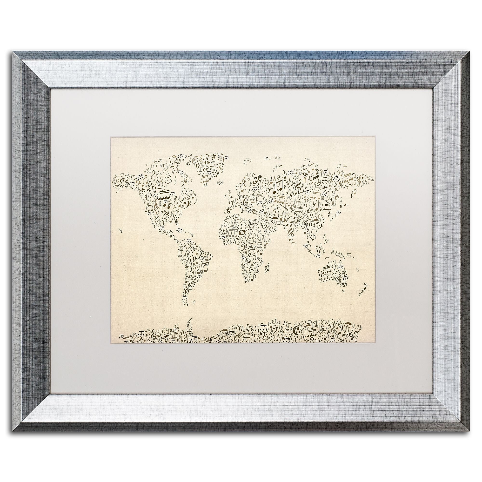 Trademark Fine Art ''Music Note World Map'' by Michael Tompsett 16" x 20" White Matted Silver Frame (MT0003-S1620MF)