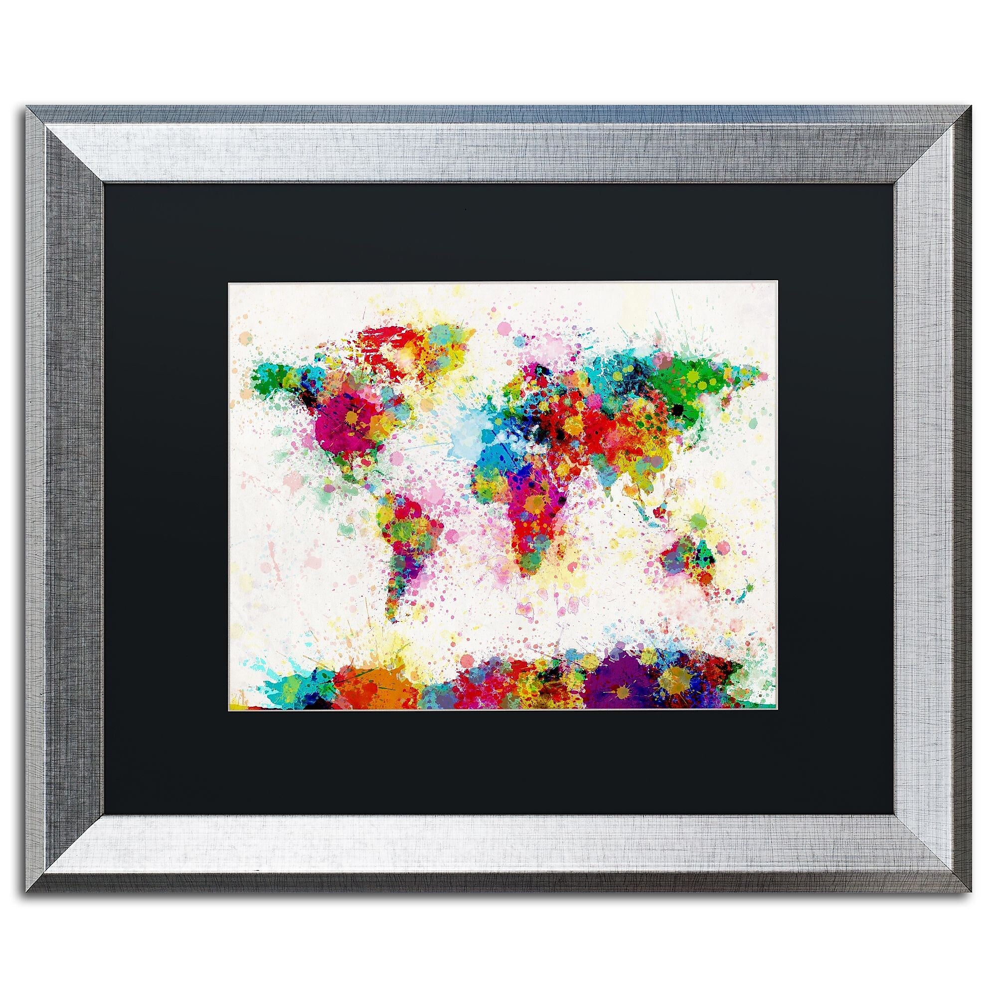 Trademark Fine Art ''Paint Splashes World Map'' by Michael Tompsett 16" x 20" Black Matted Silver Frame (MT0005-S1620BMF)