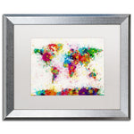 Trademark Fine Art ''Paint Splashes World Map'' by Michael Tompsett 16" x 20" White Matted Silver Frame (MT0005-S1620MF)