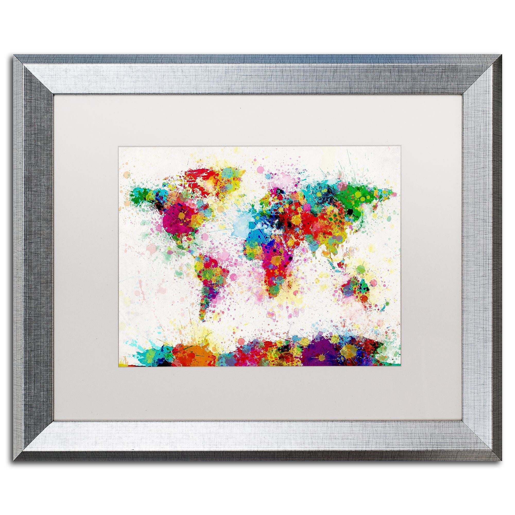Trademark Fine Art ''Paint Splashes World Map'' by Michael Tompsett 16" x 20" White Matted Silver Frame (MT0005-S1620MF)