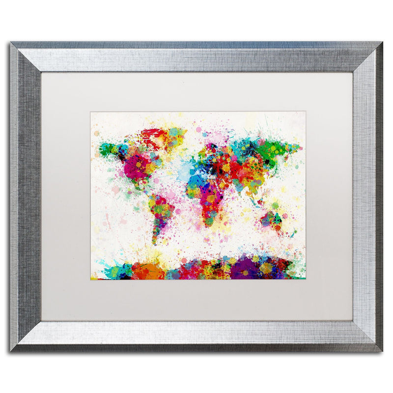 Trademark Fine Art ''Paint Splashes World Map'' by Michael Tompsett 16" x 20" White Matted Silver Frame (MT0005-S1620MF)