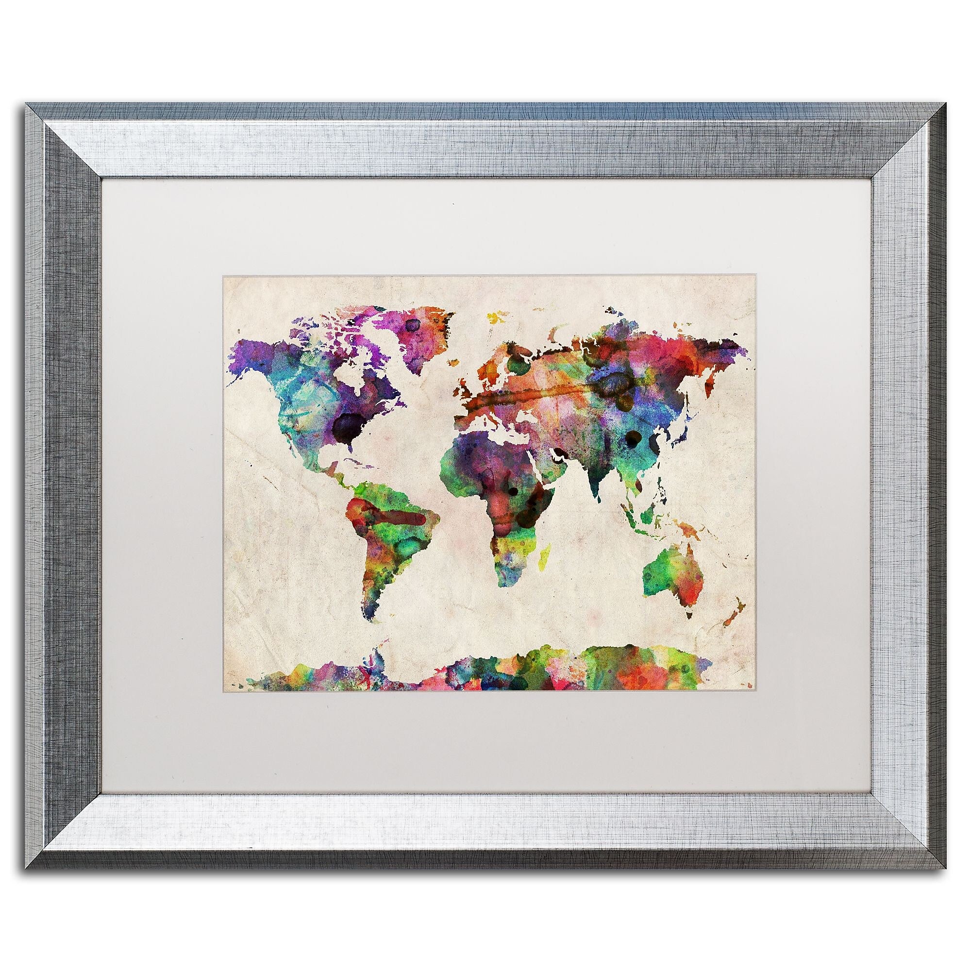 Trademark Fine Art ''Urban Watercolor World Map'' by Michael Tompsett 16" x 20" White Matted Silver Frame (MT0013-S1620MF)