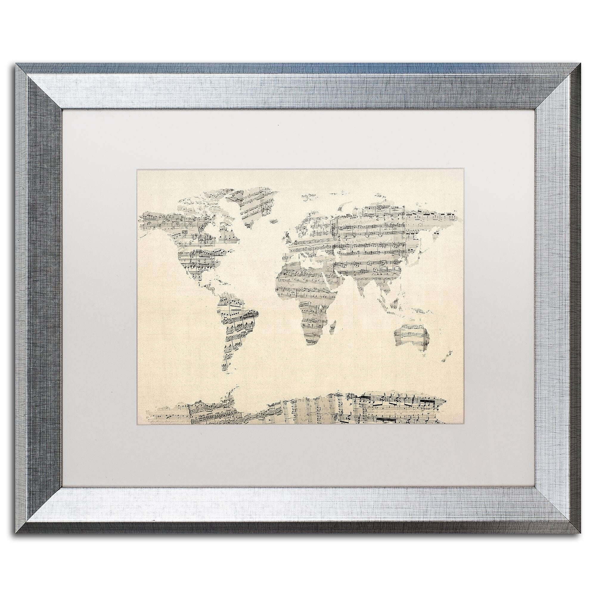 Trademark Fine Art ''Old Sheet Music World Map'' by Michael Tompsett 16" x 20" Silver Frame (MT0016-S1620MF)