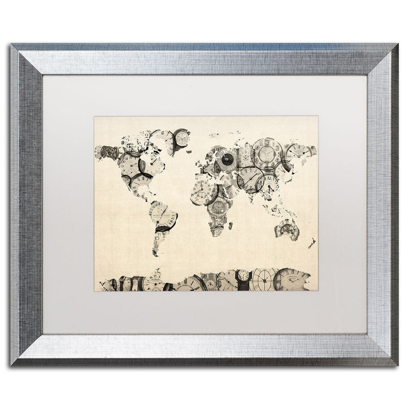 Trademark Fine Art ''Old Clocks World Map'' by Michael Tompsett 16" x 20" White Matted Silver Frame (MT0025-S1620MF)