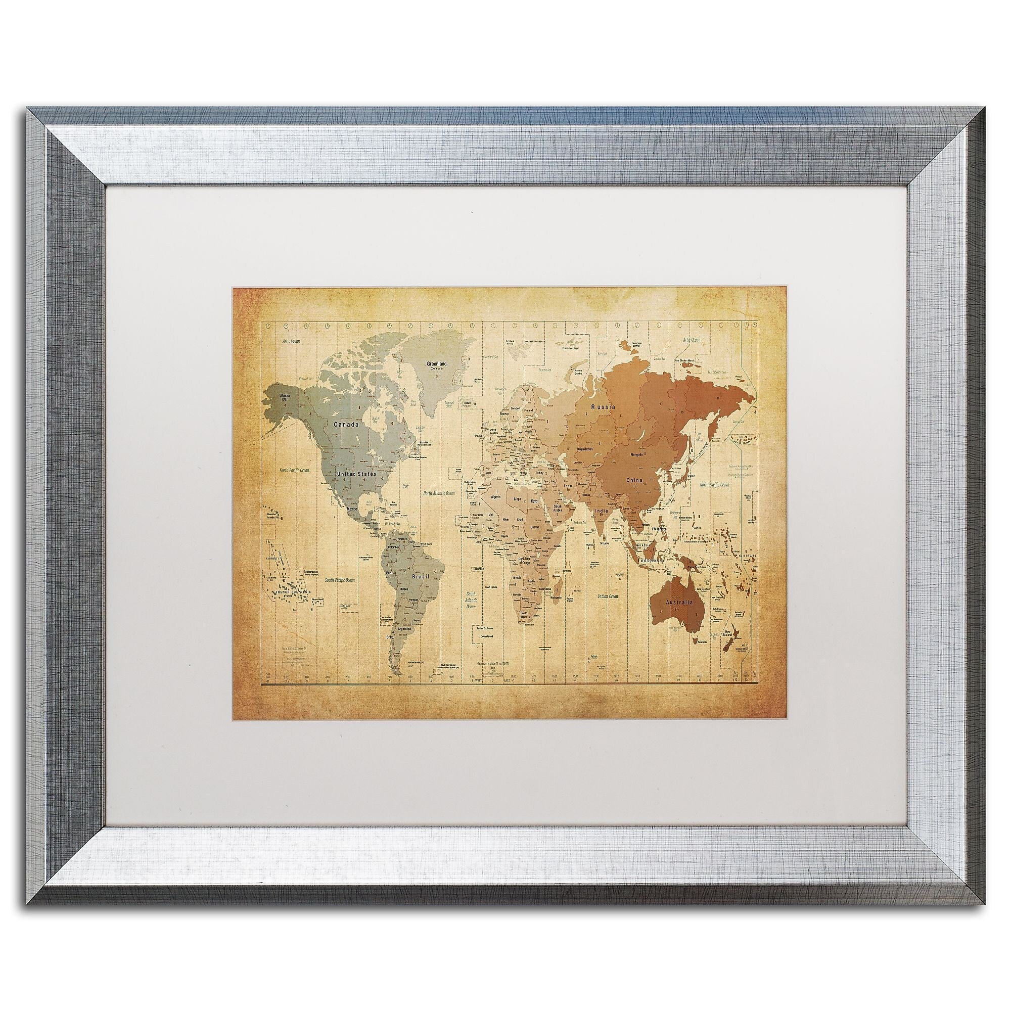 Trademark Fine Art ''Time Zones Map of the World'' by Michael Tompsett 16" x 20" White Matted Silver Frame (MT0492-S1620MF)