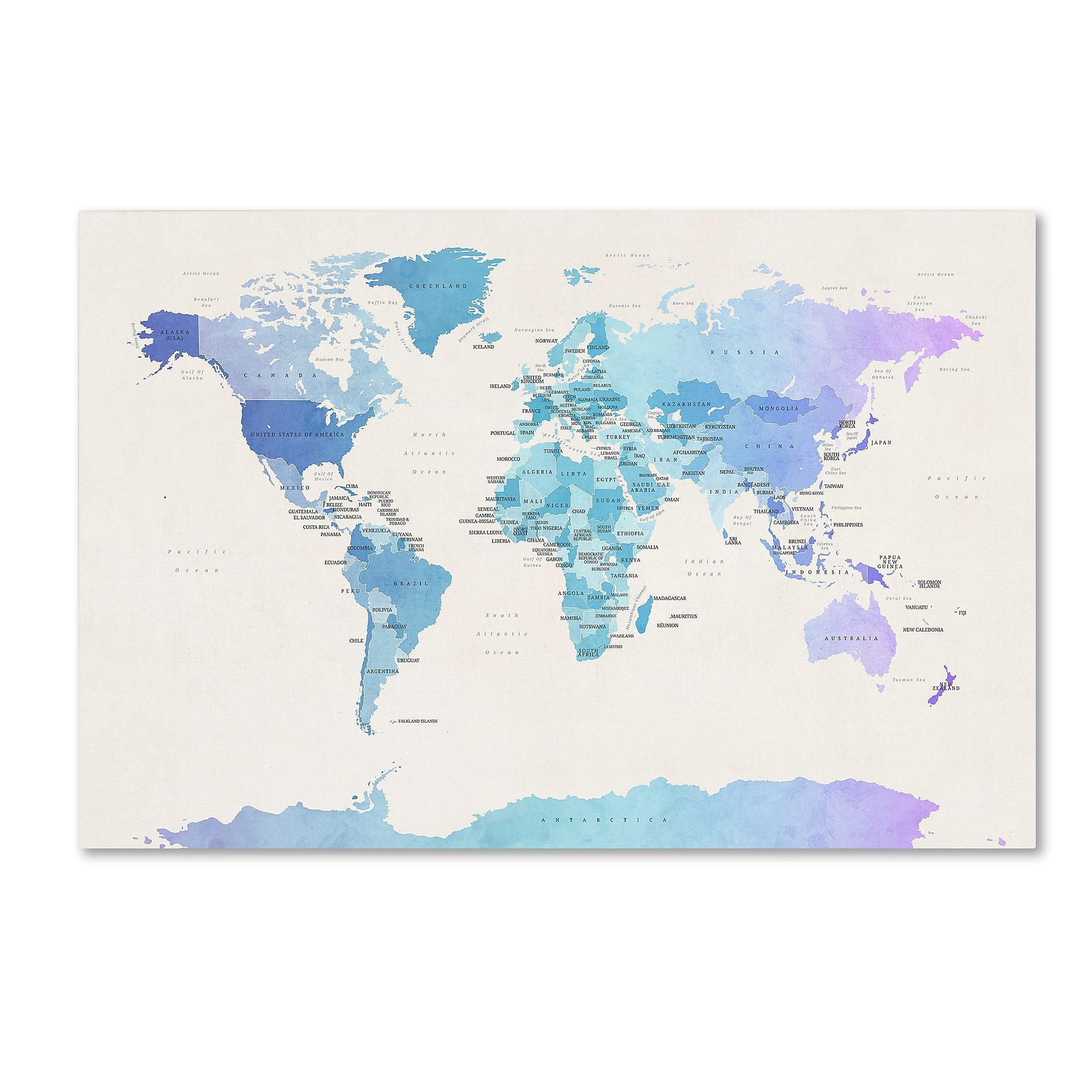Trademark Fine Art ''Watercolour Political Map of the World'' by Michael Tompsett 30" x 47" Canvas Art (MT0725-C3047GG)