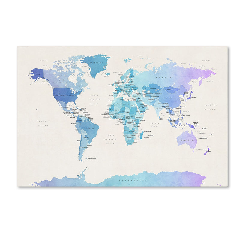 Trademark Fine Art ''Watercolour Political Map of the World'' by Michael Tompsett 30" x 47" Canvas Art (MT0725-C3047GG)