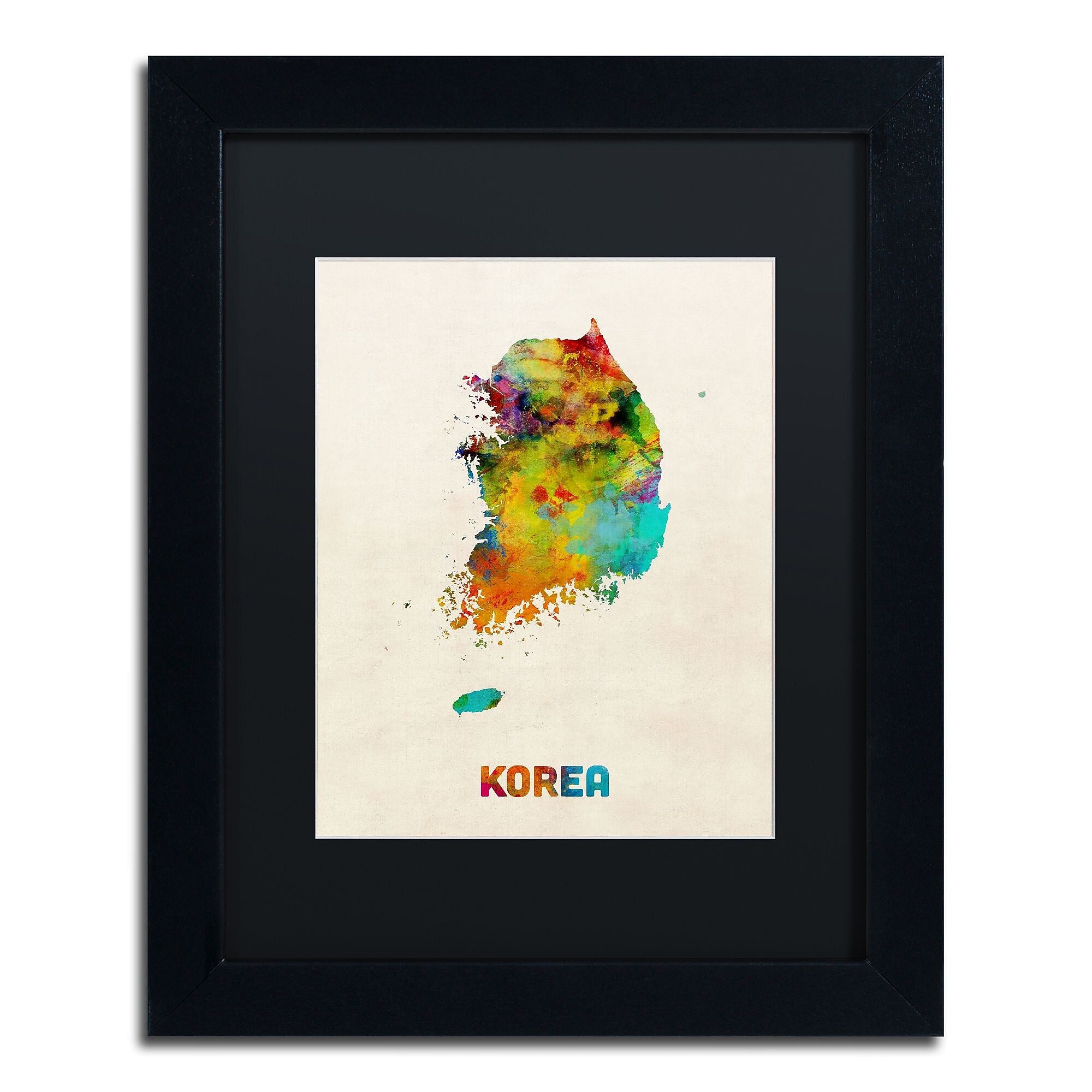 Trademark Fine Art ''Korea Watercolor Map'' by Michael Tompsett 11" x 14" Black Matted Black Frame (MT0736-B1114BMF)