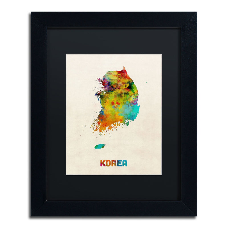 Trademark Fine Art ''Korea Watercolor Map'' by Michael Tompsett 11" x 14" Black Matted Black Frame (MT0736-B1114BMF)