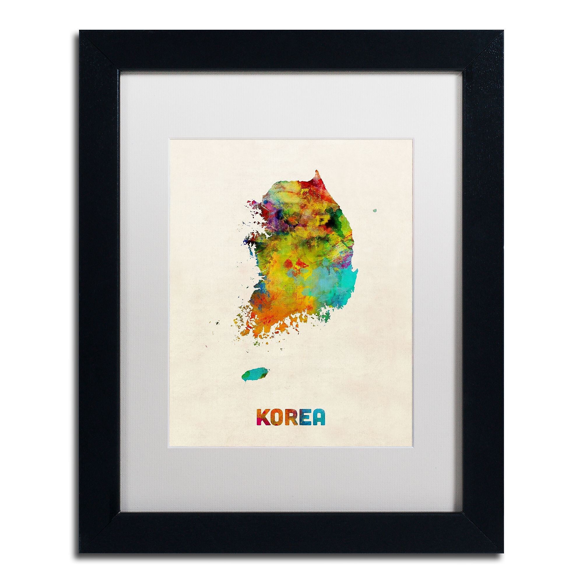 Trademark Fine Art ''Korea Watercolor Map'' by Michael Tompsett 11" x 14" White Matted Black Frame (MT0736-B1114MF)