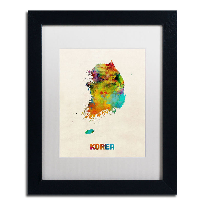 Trademark Fine Art ''Korea Watercolor Map'' by Michael Tompsett 11" x 14" White Matted Black Frame (MT0736-B1114MF)