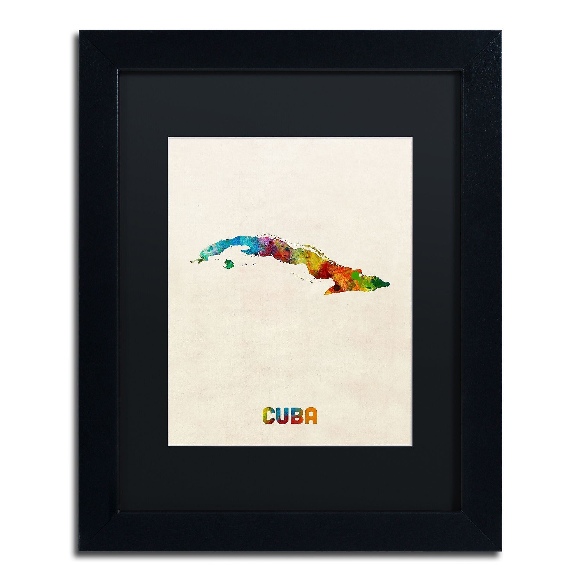 Trademark Fine Art ''Cuba Watercolor Map'' by Michael Tompsett 11" x 14" Black Matted Black Frame (MT0737-B1114BMF)