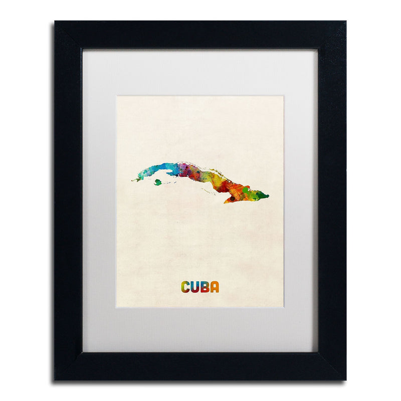 Trademark Fine Art ''Cuba Watercolor Map'' by Michael Tompsett 11" x 14" White Matted Black Frame (MT0737-B1114MF)