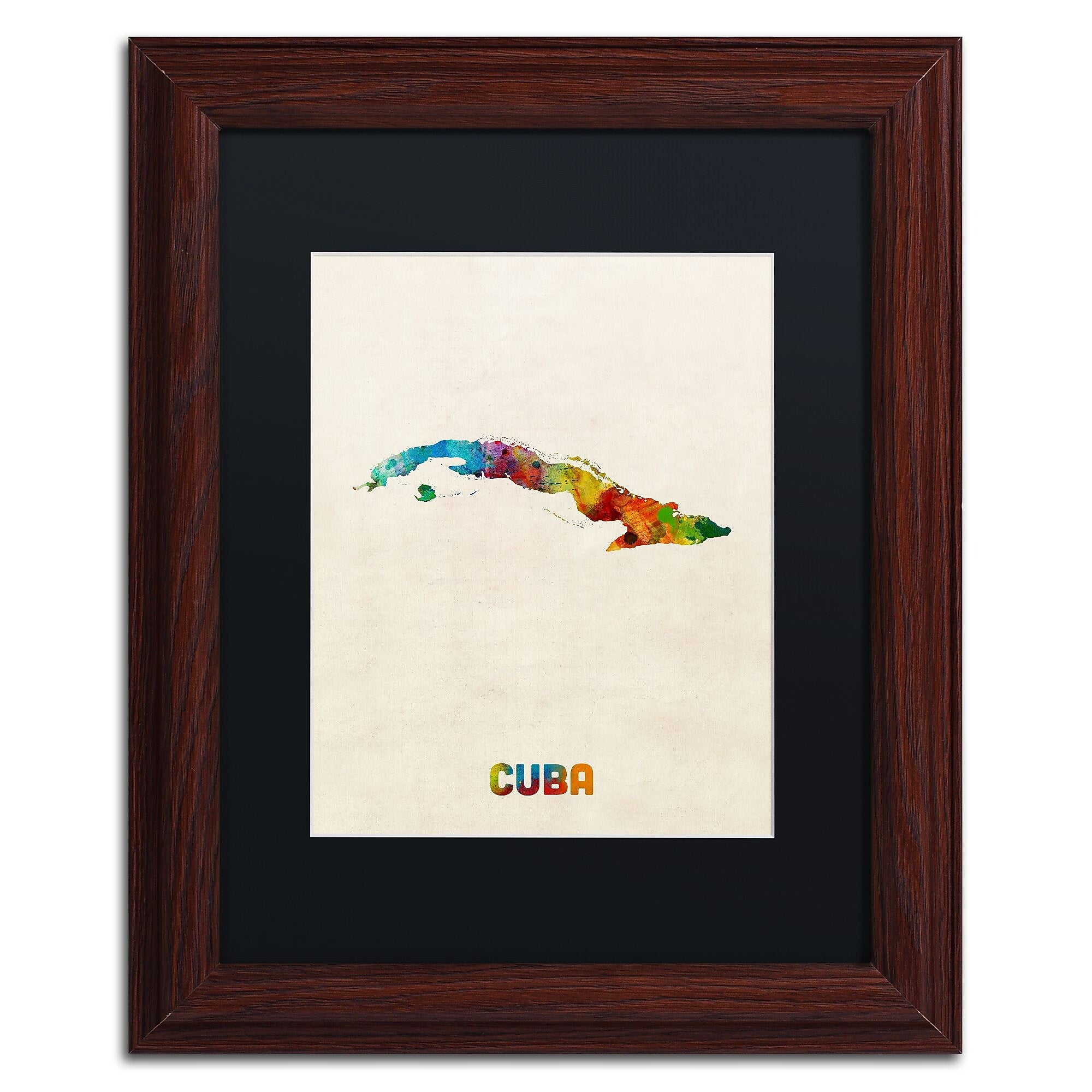 Trademark Fine Art ''Cuba Watercolor Map'' by Michael Tompsett 11" x 14" Black Matted Wood Frame (MT0737-W1114BMF)