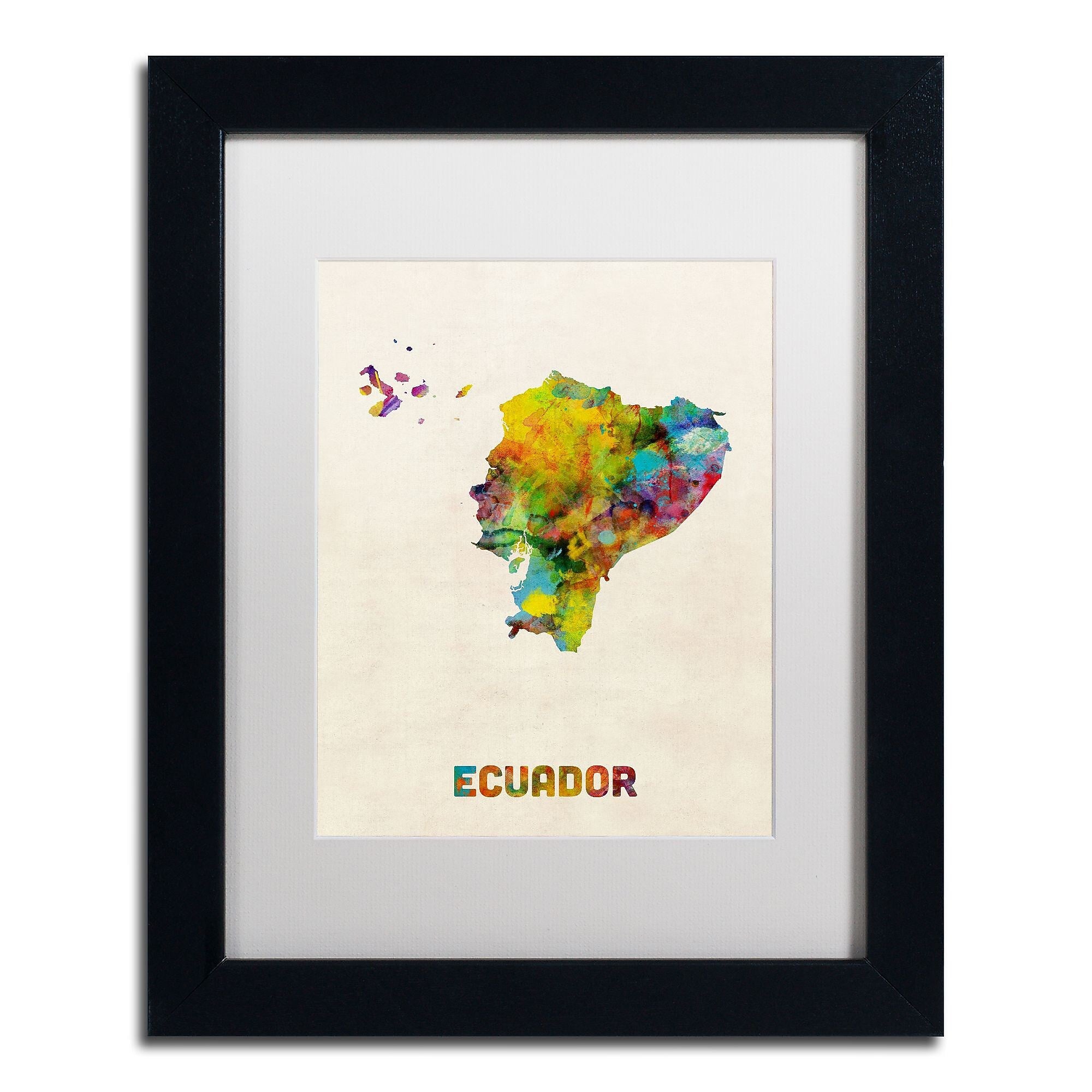 Trademark Fine Art ''Ecuador Watercolor Map'' by Michael Tompsett 11" x 14" White Matted Black Frame (MT0739-B1114MF)