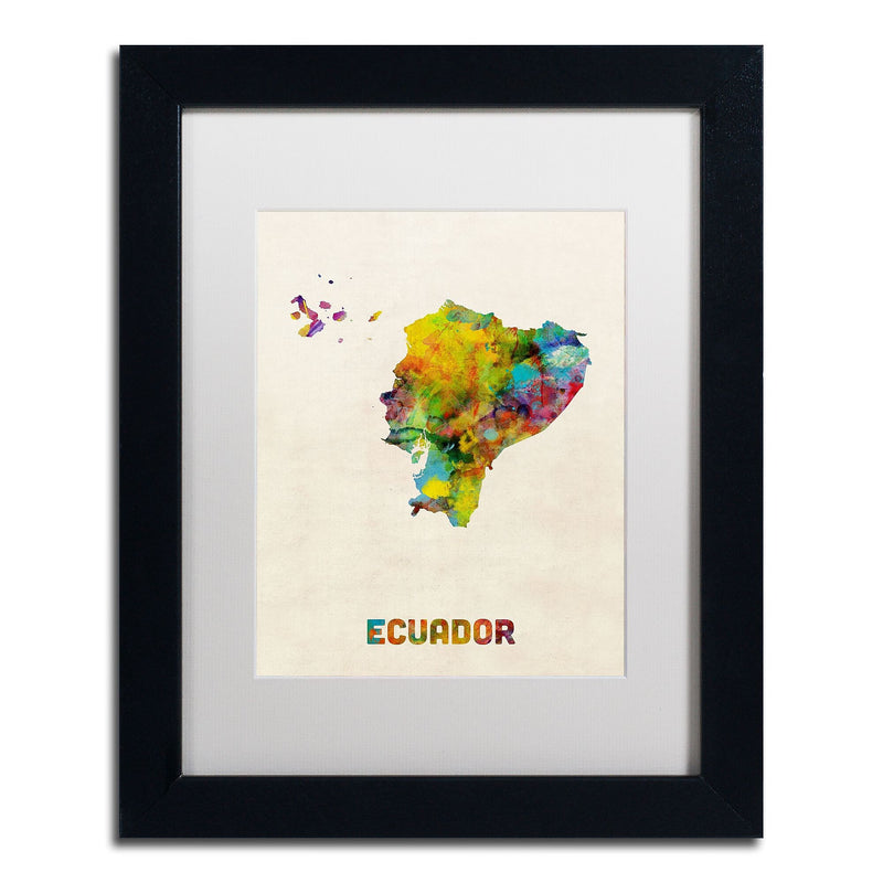 Trademark Fine Art ''Ecuador Watercolor Map'' by Michael Tompsett 11" x 14" White Matted Black Frame (MT0739-B1114MF)