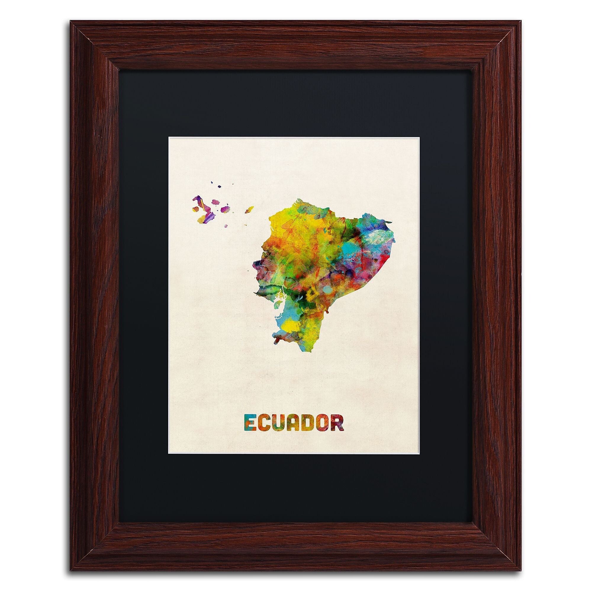 Trademark Fine Art ''Ecuador Watercolor Map'' by Michael Tompsett 11" x 14" Black Matted Wood Frame (MT0739-W1114BMF)