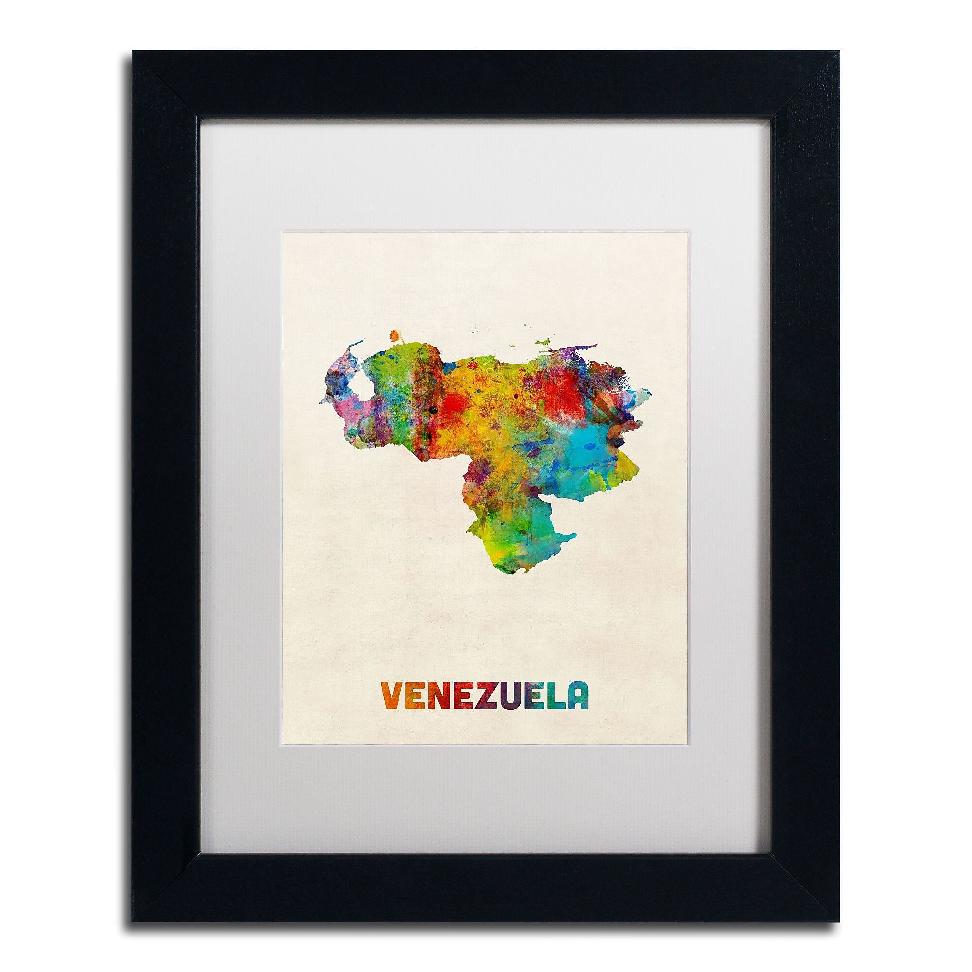 Trademark Fine Art ''Venezuela Watercolor Map'' by Michael Tompsett 11" x 14" White Matted Black Frame (MT0740-B1114MF)