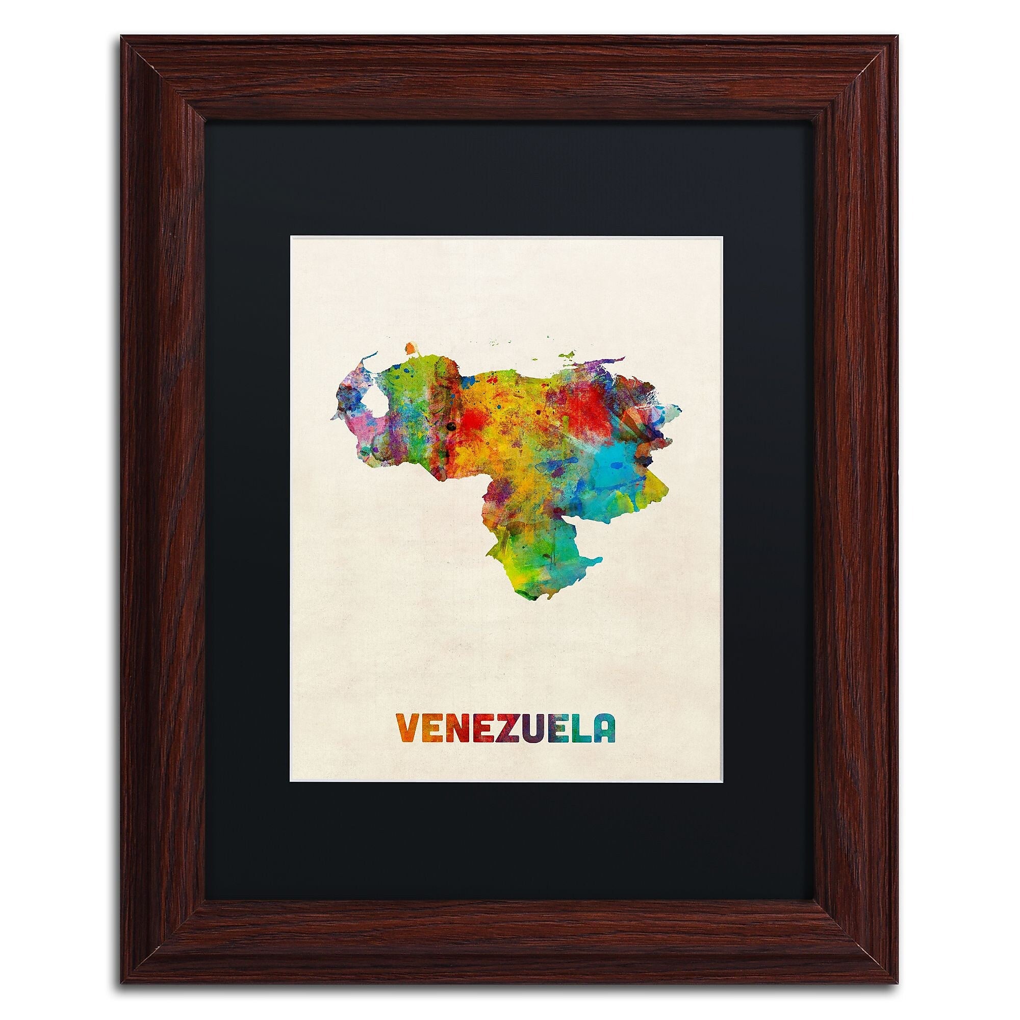 Trademark Fine Art ''Venezuela Watercolor Map'' by Michael Tompsett 11" x 14" Black Matted Wood Frame (MT0740-W1114BMF)