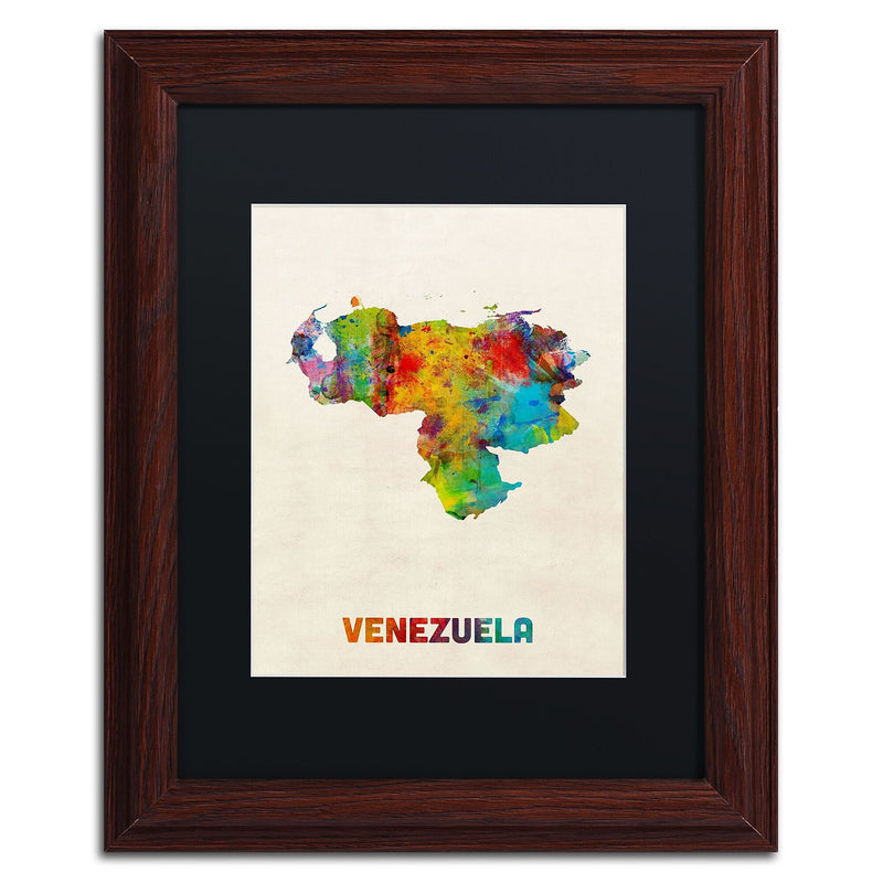 Trademark Fine Art ''Venezuela Watercolor Map'' by Michael Tompsett 11" x 14" Black Matted Wood Frame (MT0740-W1114BMF)
