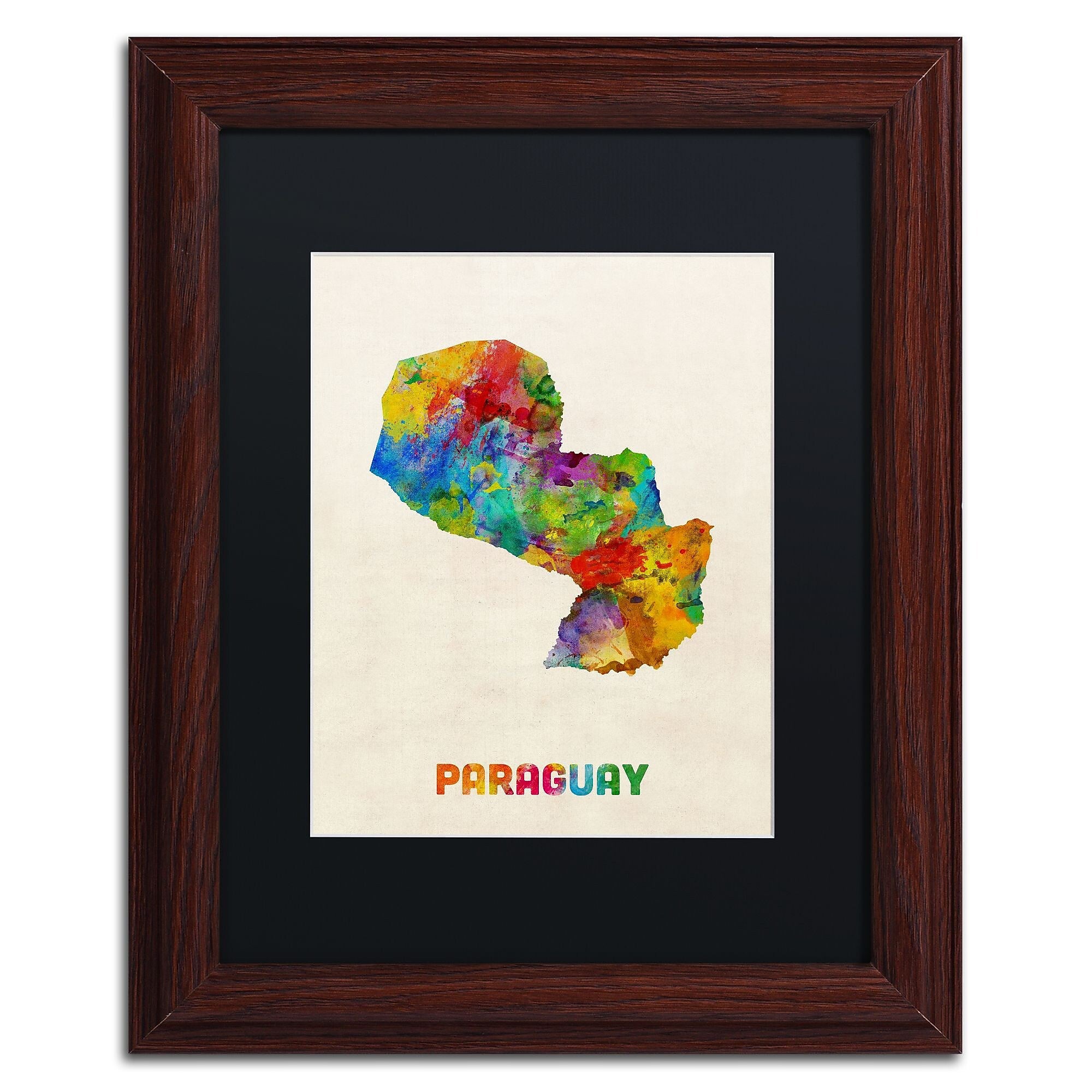 Trademark Fine Art ''Paraguay Watercolor Map'' by Michael Tompsett 11" x 14" Black Matted Wood Frame (MT0742-W1114BMF)