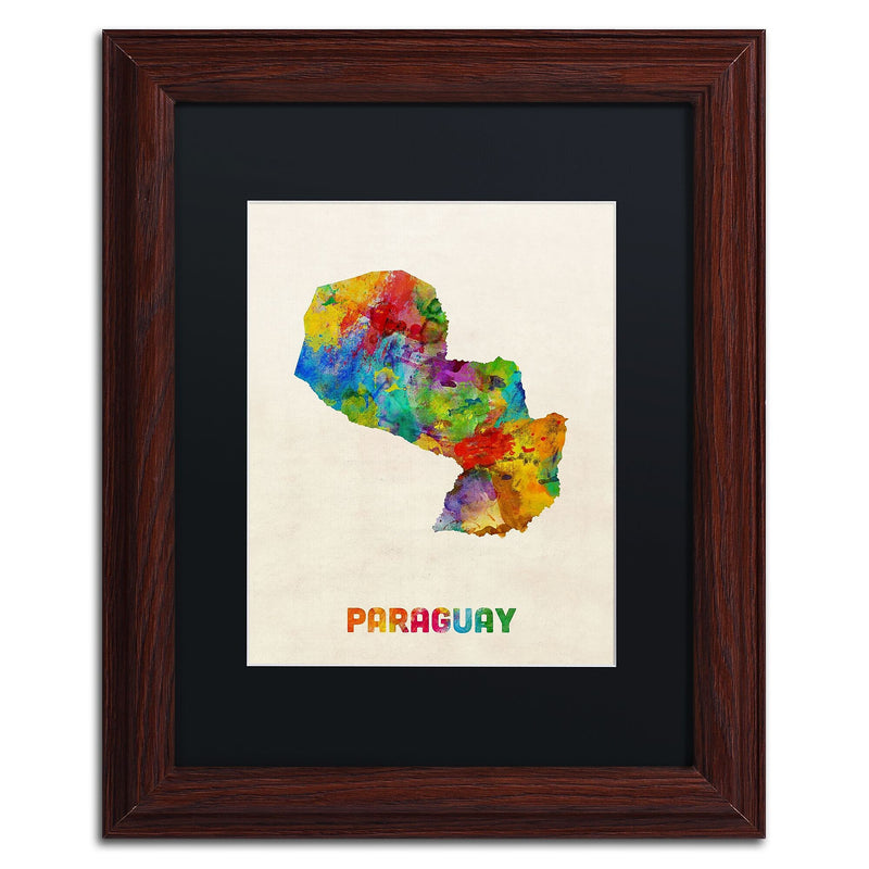Trademark Fine Art ''Paraguay Watercolor Map'' by Michael Tompsett 11" x 14" Black Matted Wood Frame (MT0742-W1114BMF)