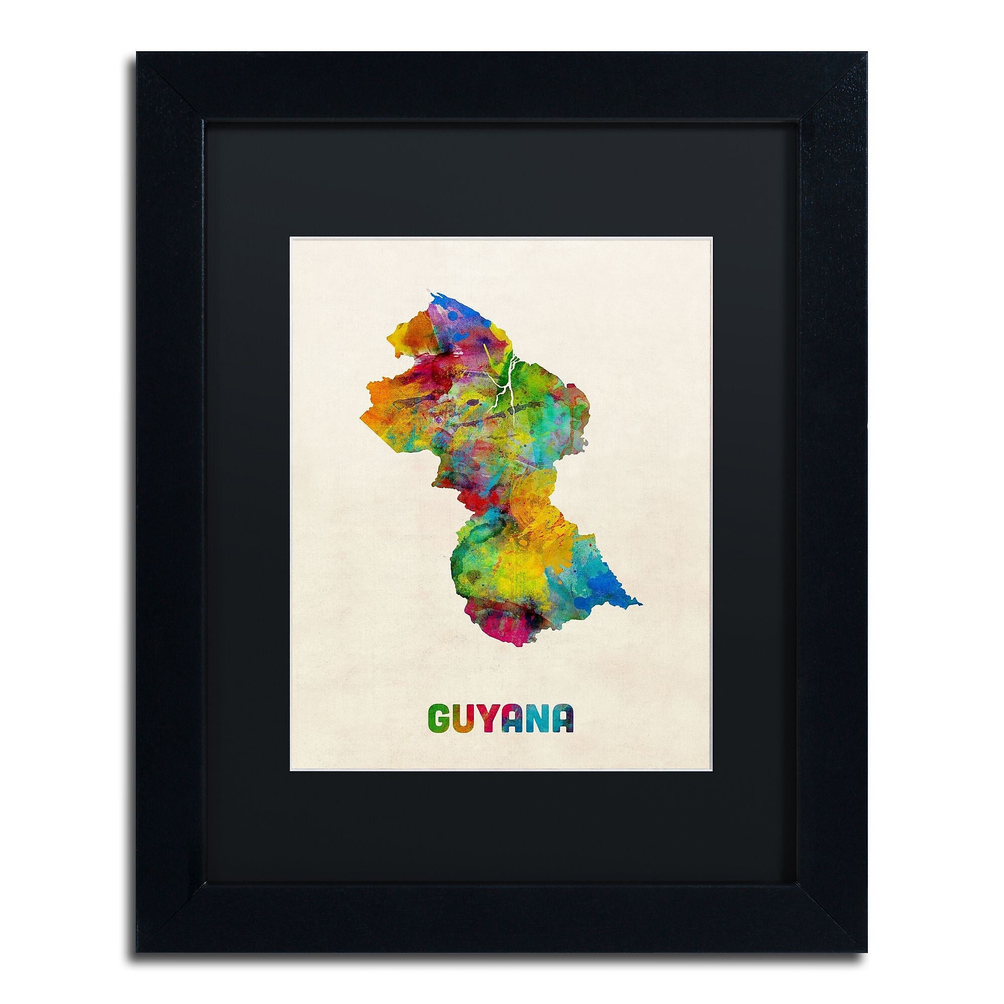 Trademark Fine Art ''Guyana Watercolor Map'' by Michael Tompsett 11" x 14" Black Matted Black Frame (MT0743-B1114BMF)