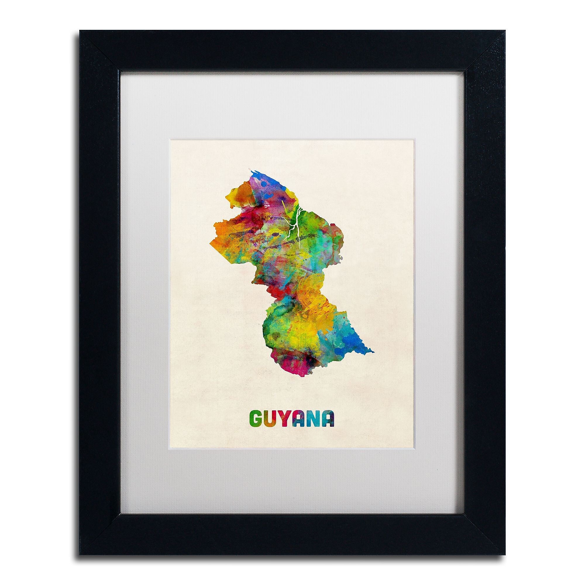 Trademark Fine Art ''Guyana Watercolor Map'' by Michael Tompsett 11" x 14" White Matted Black Frame (MT0743-B1114MF)