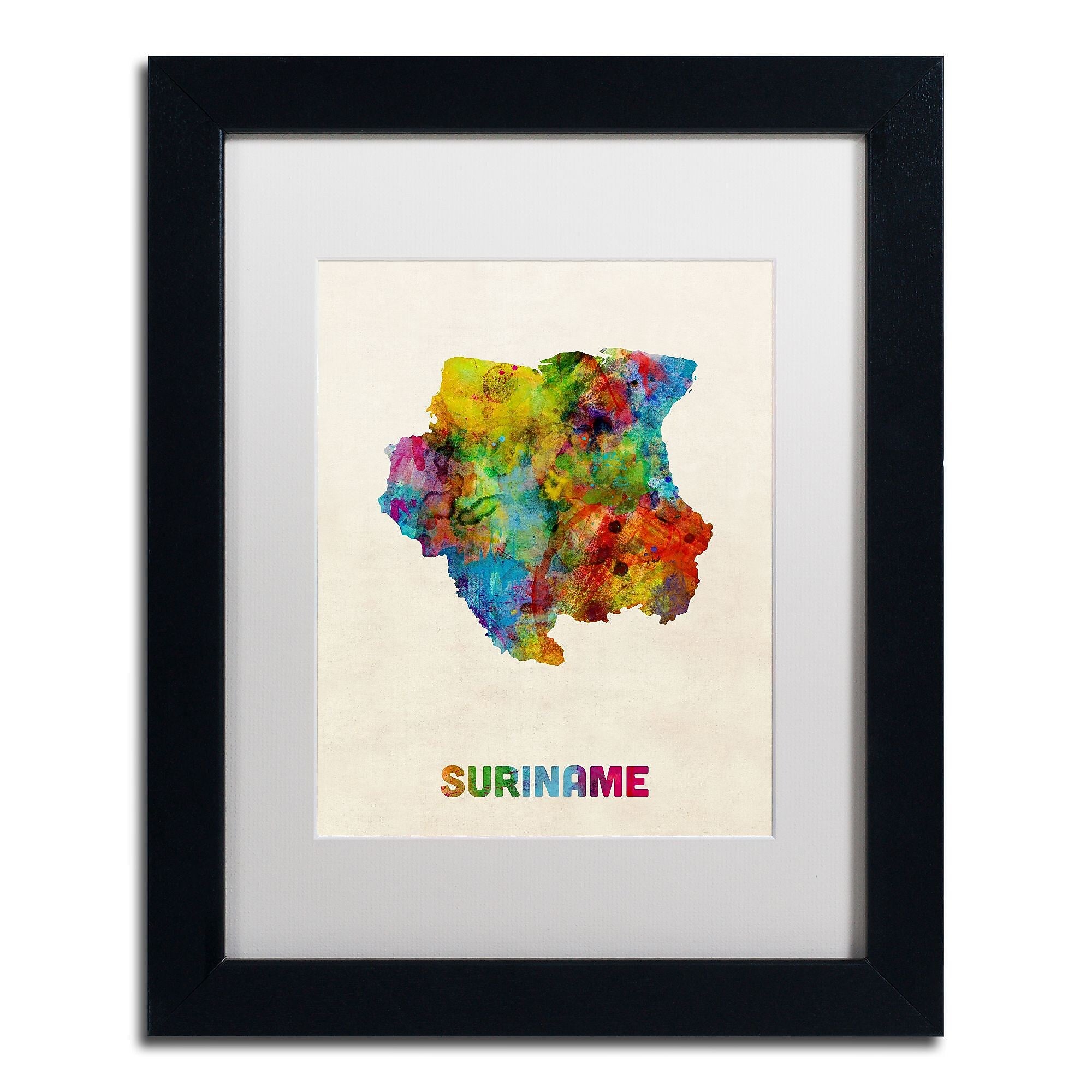 Trademark Fine Art ''Suriname Watercolor Map'' by Michael Tompsett 11" x 14" White Matted Black Frame (MT0744-B1114MF)