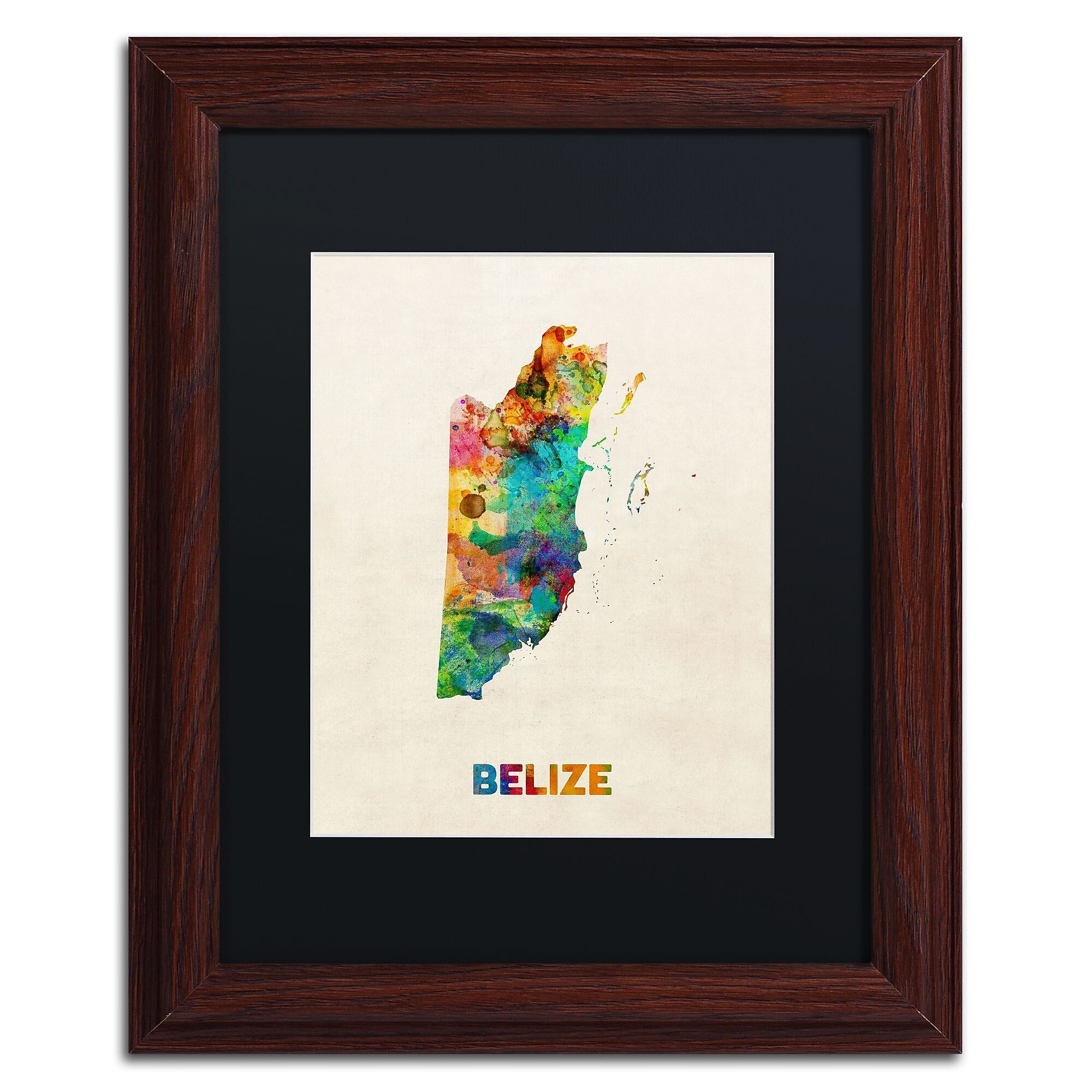 Trademark Fine Art ''Belize Watercolor Map'' by Michael Tompsett 11" x 14" Black Matted Wood Frame (MT0745-W1114BMF)
