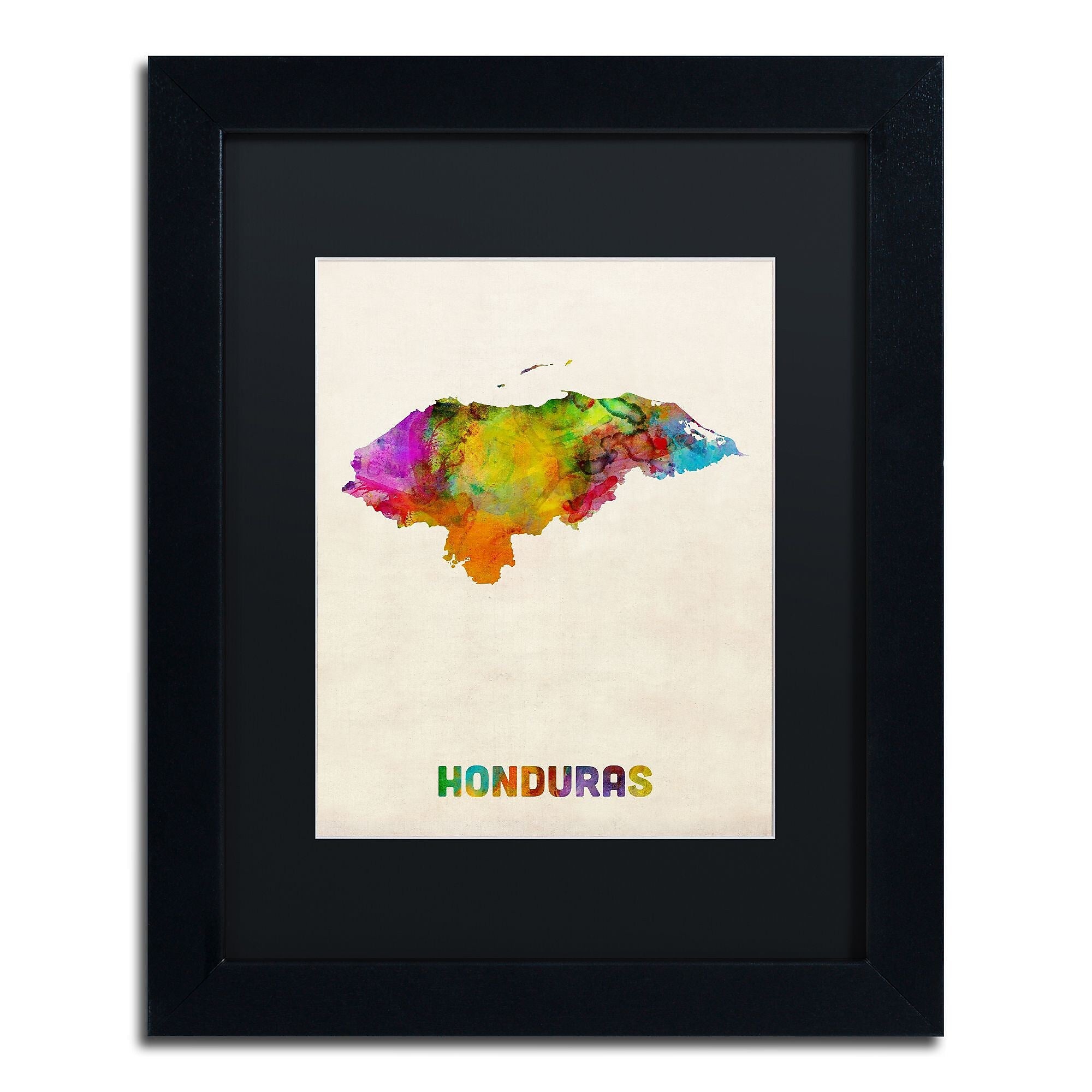 Trademark Fine Art ''Honduras Watercolor Map'' by Michael Tompsett 11" x 14" Black Matted Black Frame (MT0748-B1114BMF)
