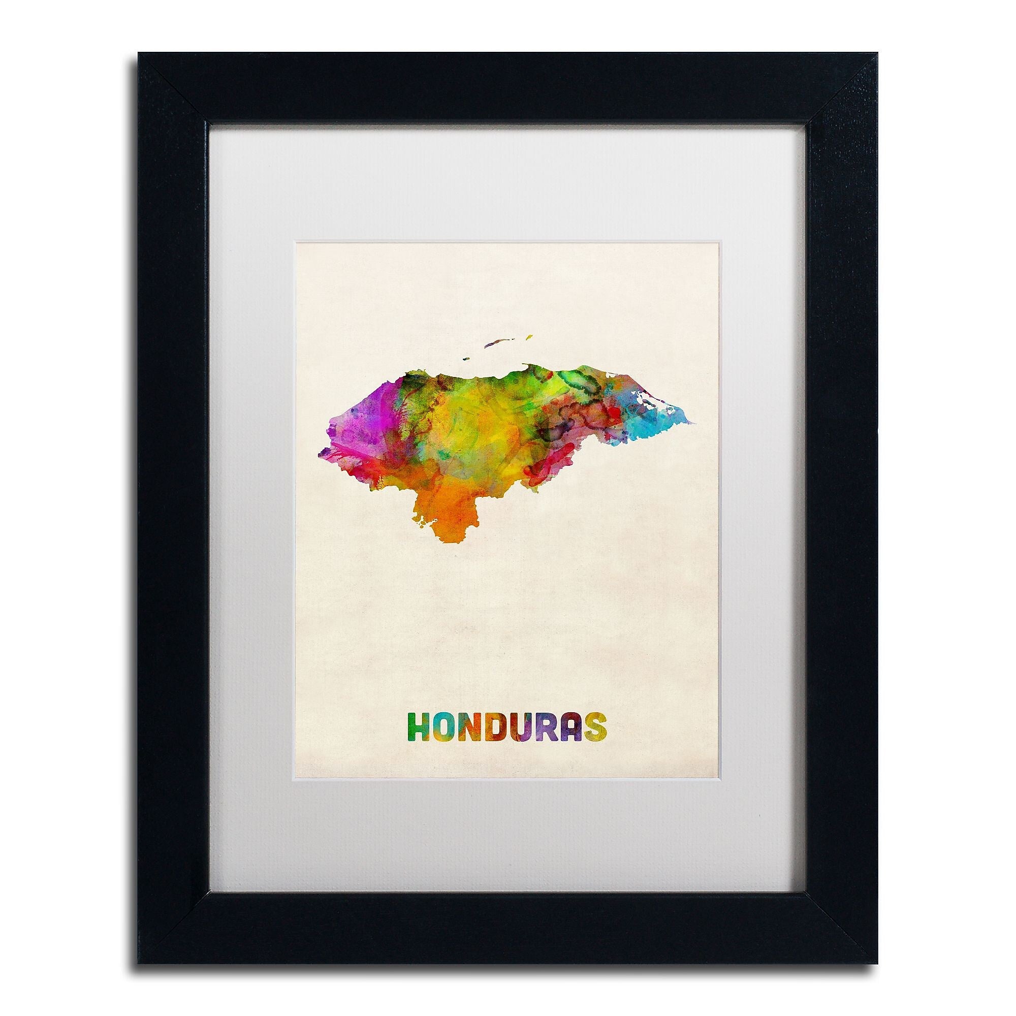 Trademark Fine Art ''Honduras Watercolor Map'' by Michael Tompsett 11" x 14" White Matted Black Frame (MT0748-B1114MF)