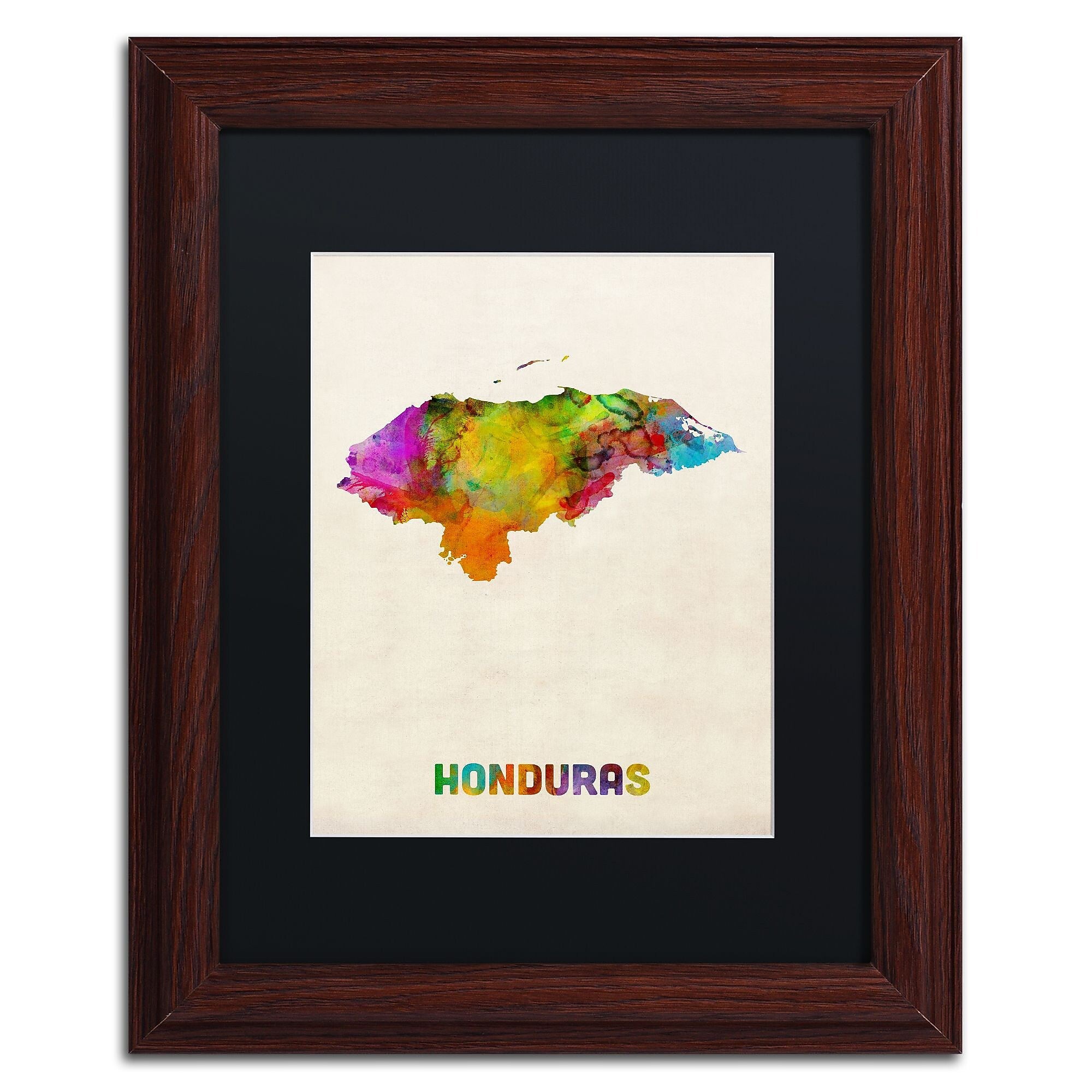 Trademark Fine Art ''Honduras Watercolor Map'' by Michael Tompsett 11" x 14" Black Matted Wood Frame (MT0748-W1114BMF)
