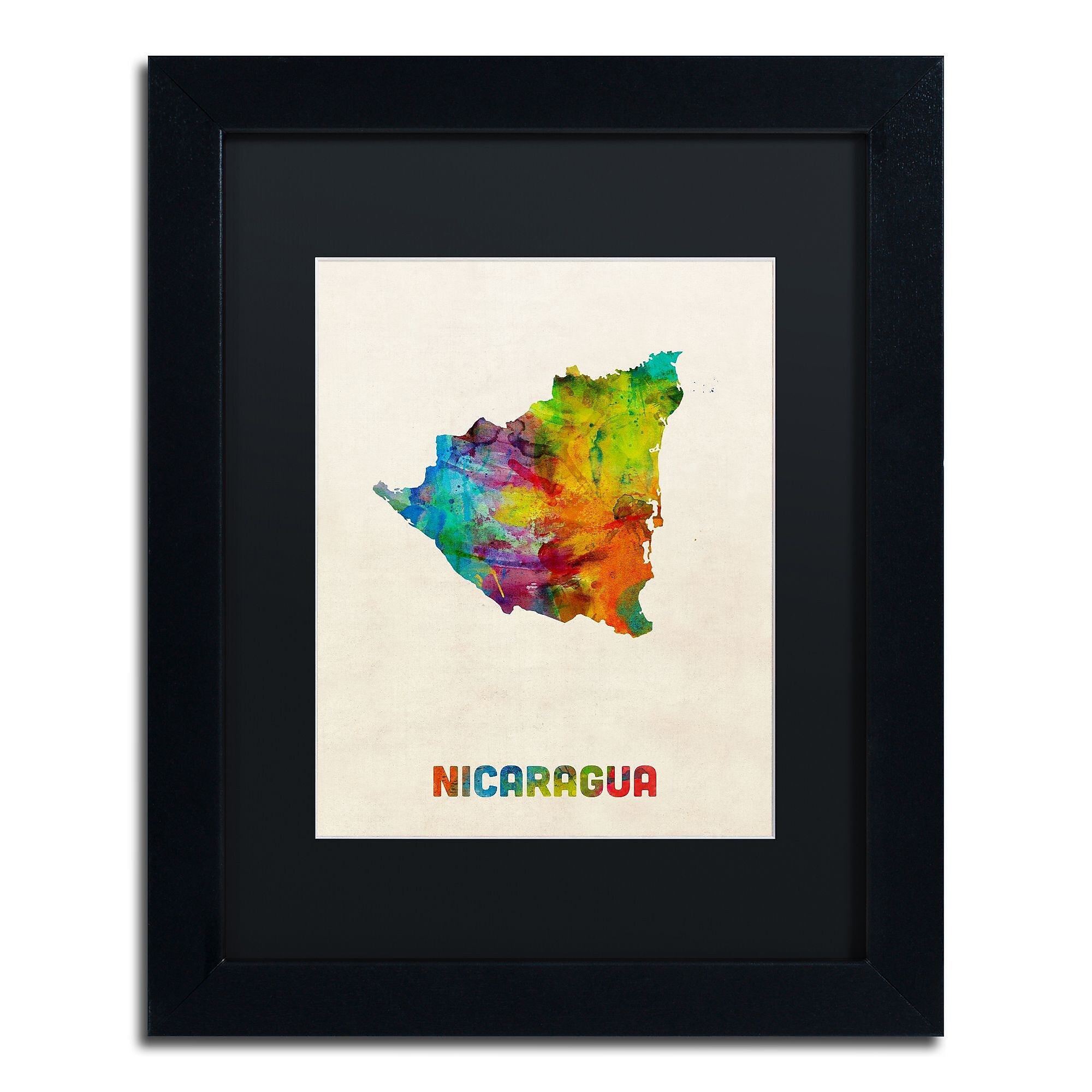 Trademark Fine Art ''Nicaragua Watercolor Map'' by Michael Tompsett 11" x 14" Black Matted Black Frame (MT0749-B1114BMF)